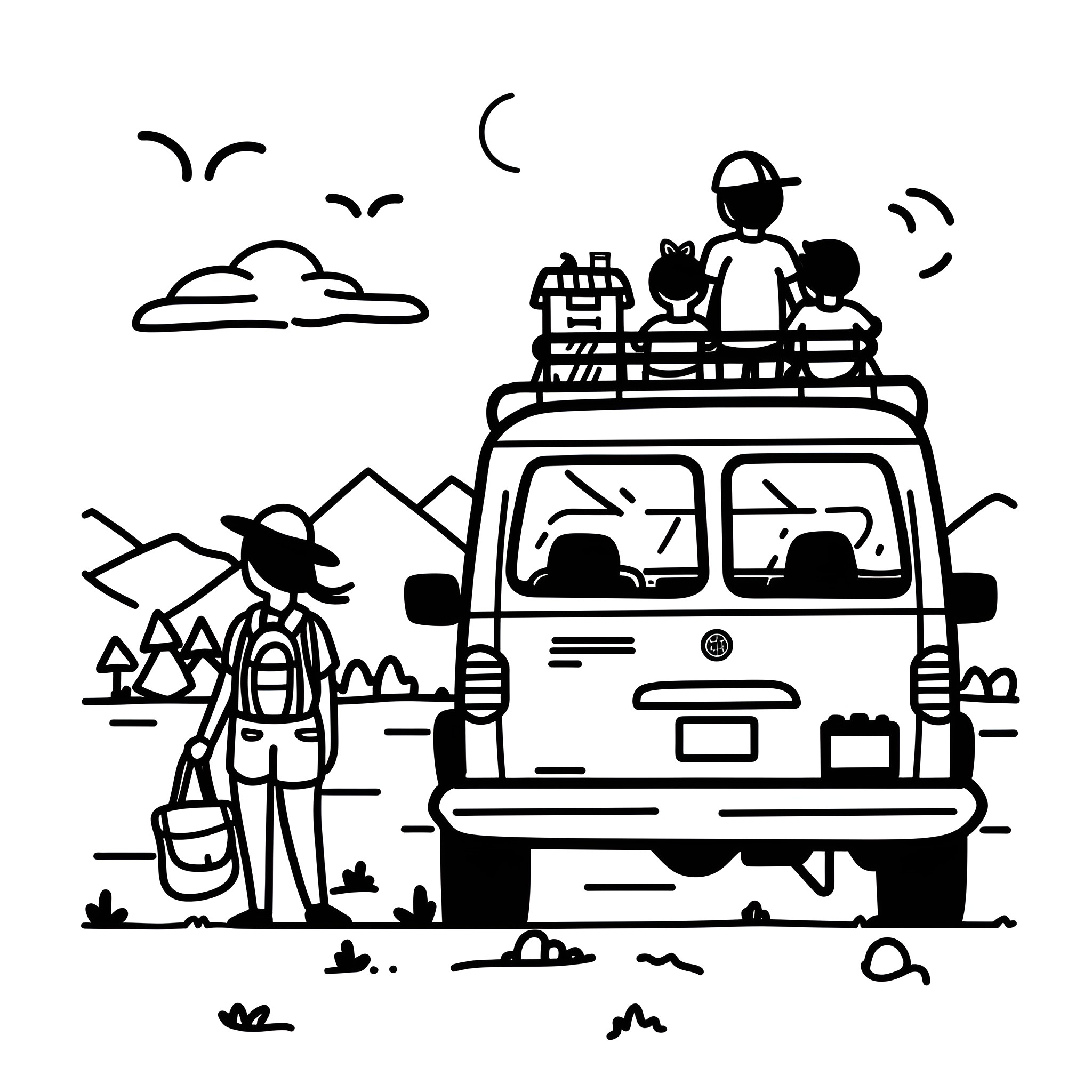 Summer road trip with friends Drawing Idea (free black-and-white line drawing printable PDF for all, from beginners to advanced learners, including children, teens, adults, and seniors)