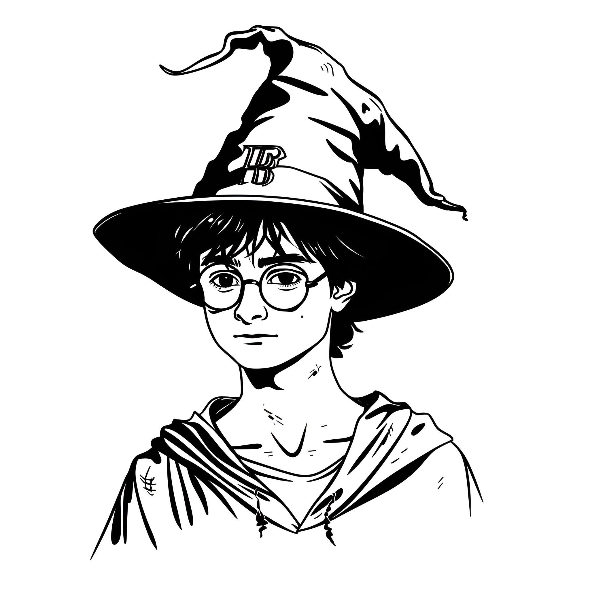 Harry Potter in Wizard Attire Drawing Idea (free black-and-white line drawing printable PDF for all, from beginners to advanced learners, including children, teens, adults, and seniors)
