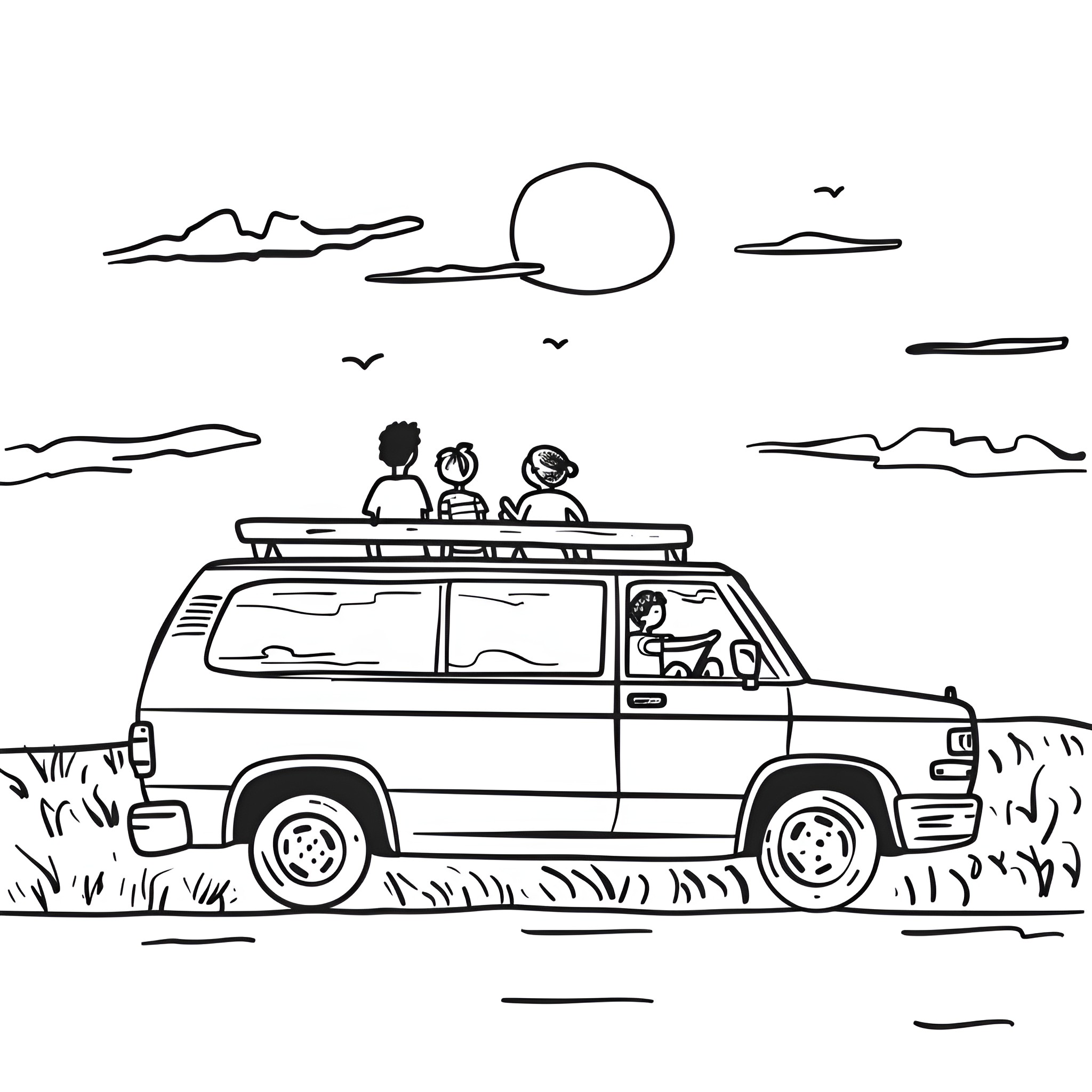 Summer friends on a road trip adventure Drawing Idea (free black-and-white line drawing printable PDF for all, from beginners to advanced learners, including children, teens, adults, and seniors)
