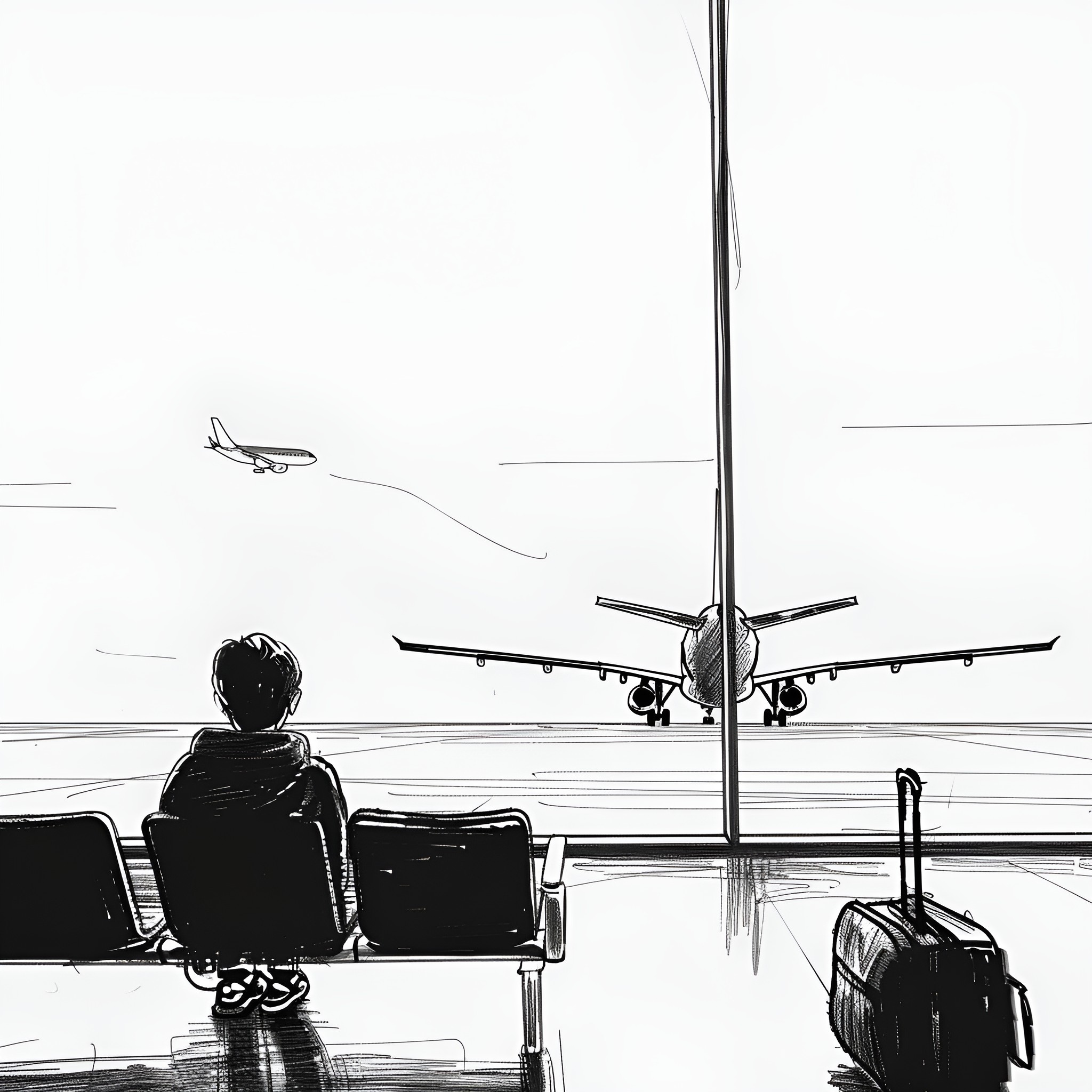 Sad solitary traveler waits at airport Drawing Idea (free black-and-white line drawing printable PDF for all, from beginners to advanced learners, including children, teens, adults, and seniors)