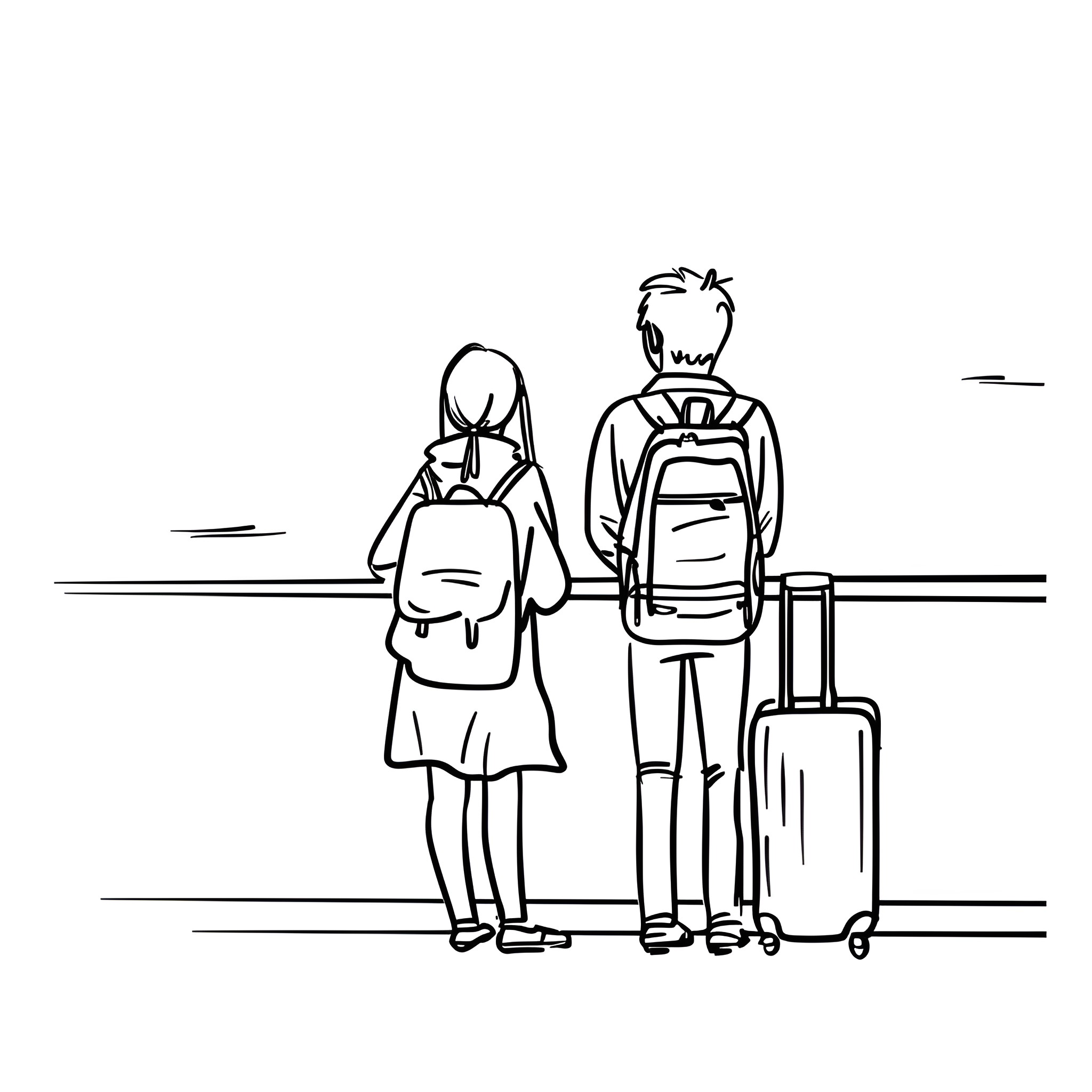 Sad students waiting at the train station Drawing Idea (free black-and-white line drawing printable PDF for all, from beginners to advanced learners, including children, teens, adults, and seniors)