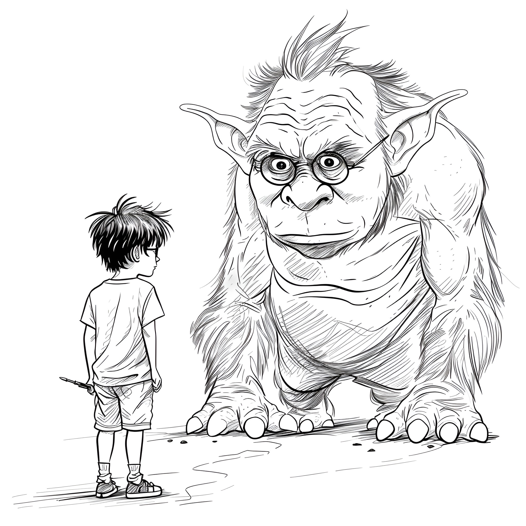 Harry Potter and the Mysterious Creature Drawing Idea (free black-and-white line drawing printable PDF for all, from beginners to advanced learners, including children, teens, adults, and seniors)