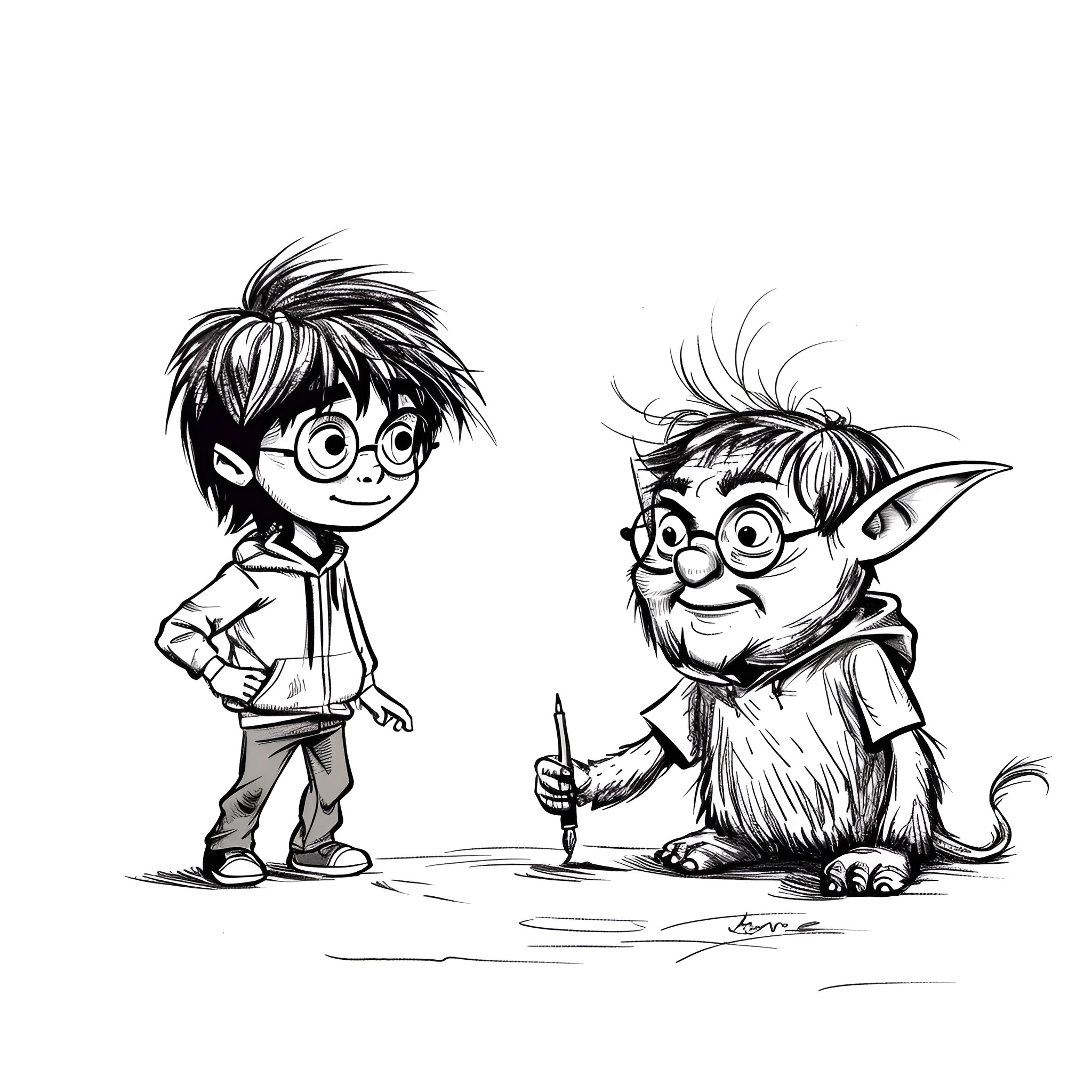 Harry Potter and the Mischievous Creature Drawing Idea (free black-and-white line drawing printable PDF for all, from beginners to advanced learners, including children, teens, adults, and seniors)