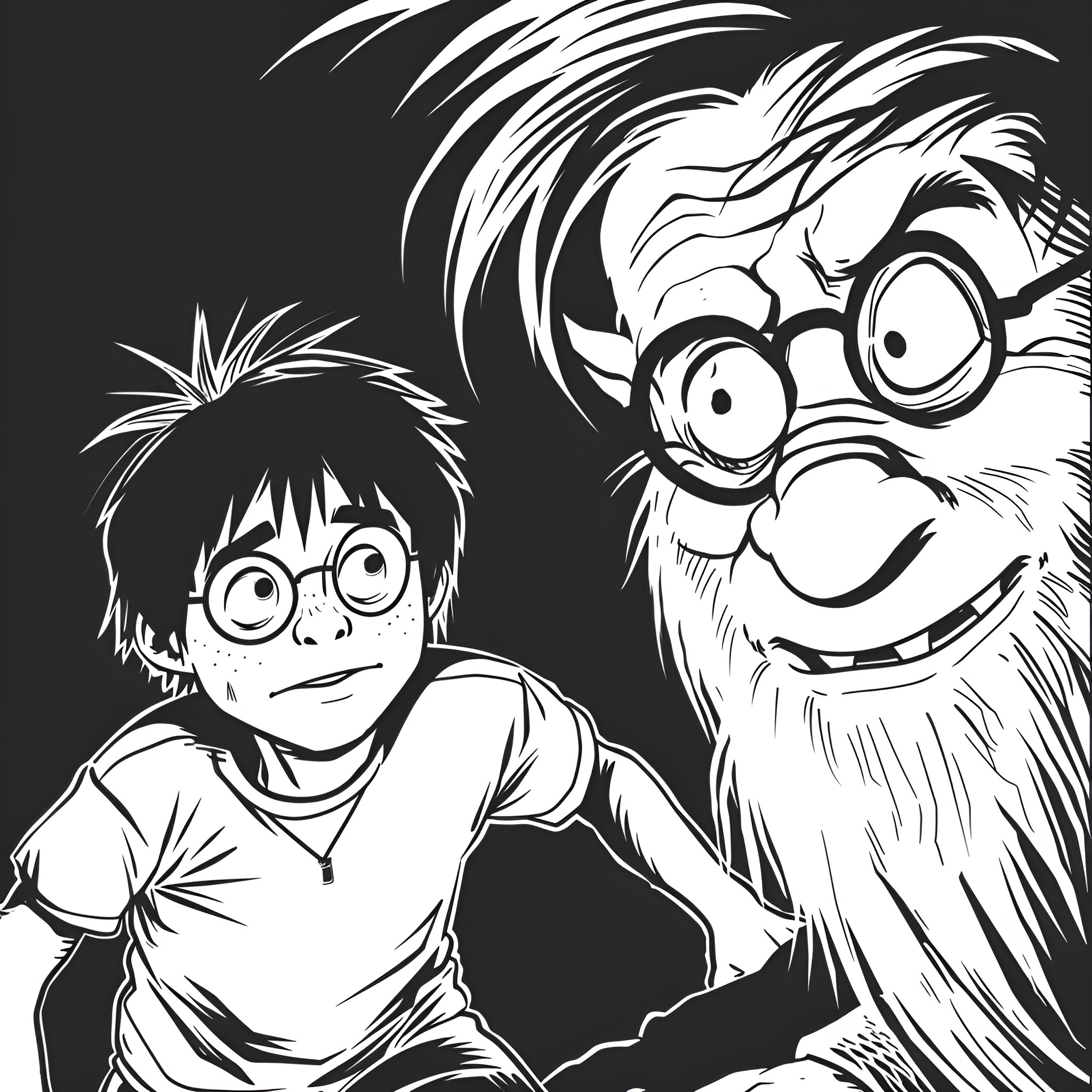 Harry Potter and the Hairy Wizard Drawing Idea (free black-and-white line drawing printable PDF for all, from beginners to advanced learners, including children, teens, adults, and seniors)