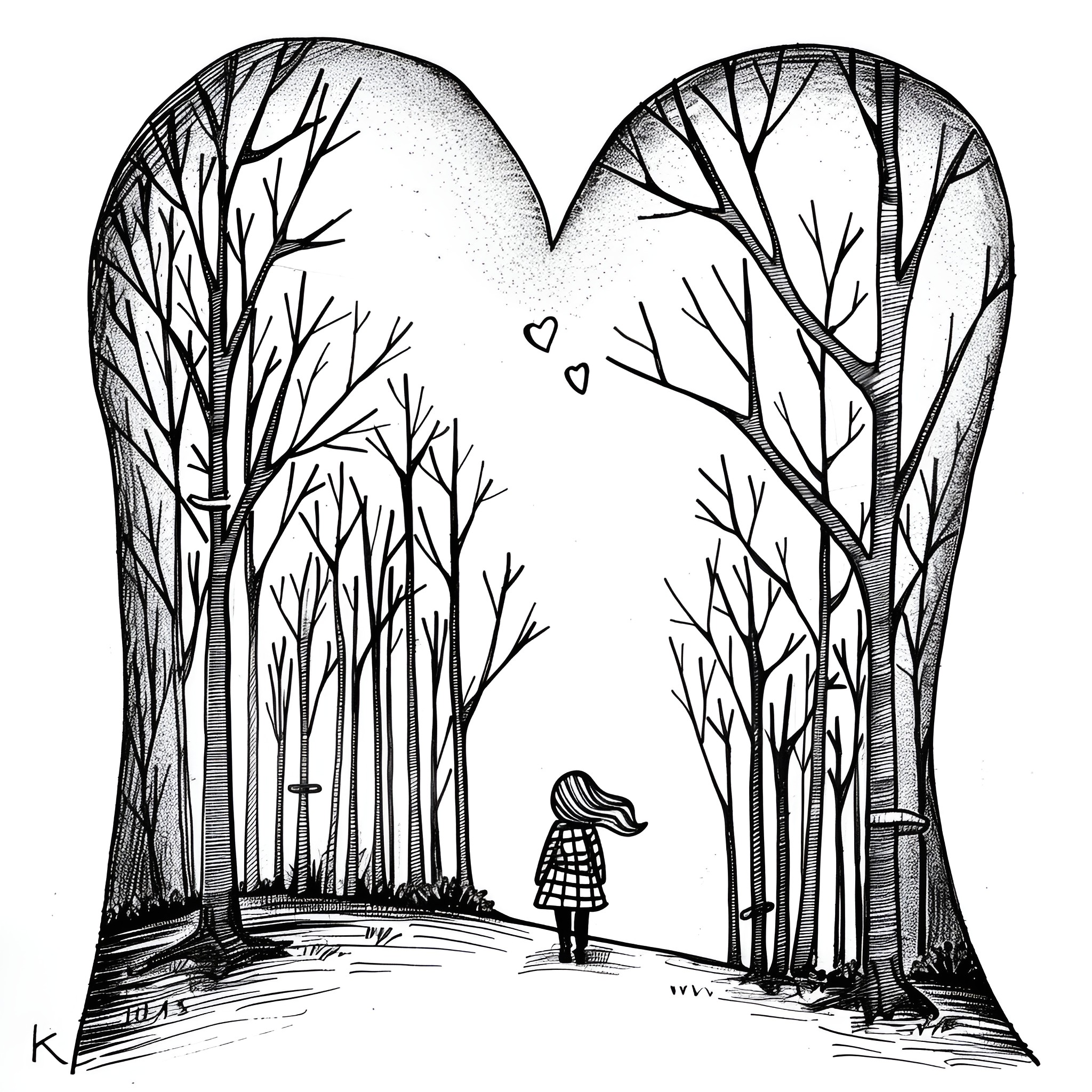 Love Blossoming in the Forest Drawing Idea (free black-and-white line drawing printable PDF for all, from beginners to advanced learners, including children, teens, adults, and seniors)