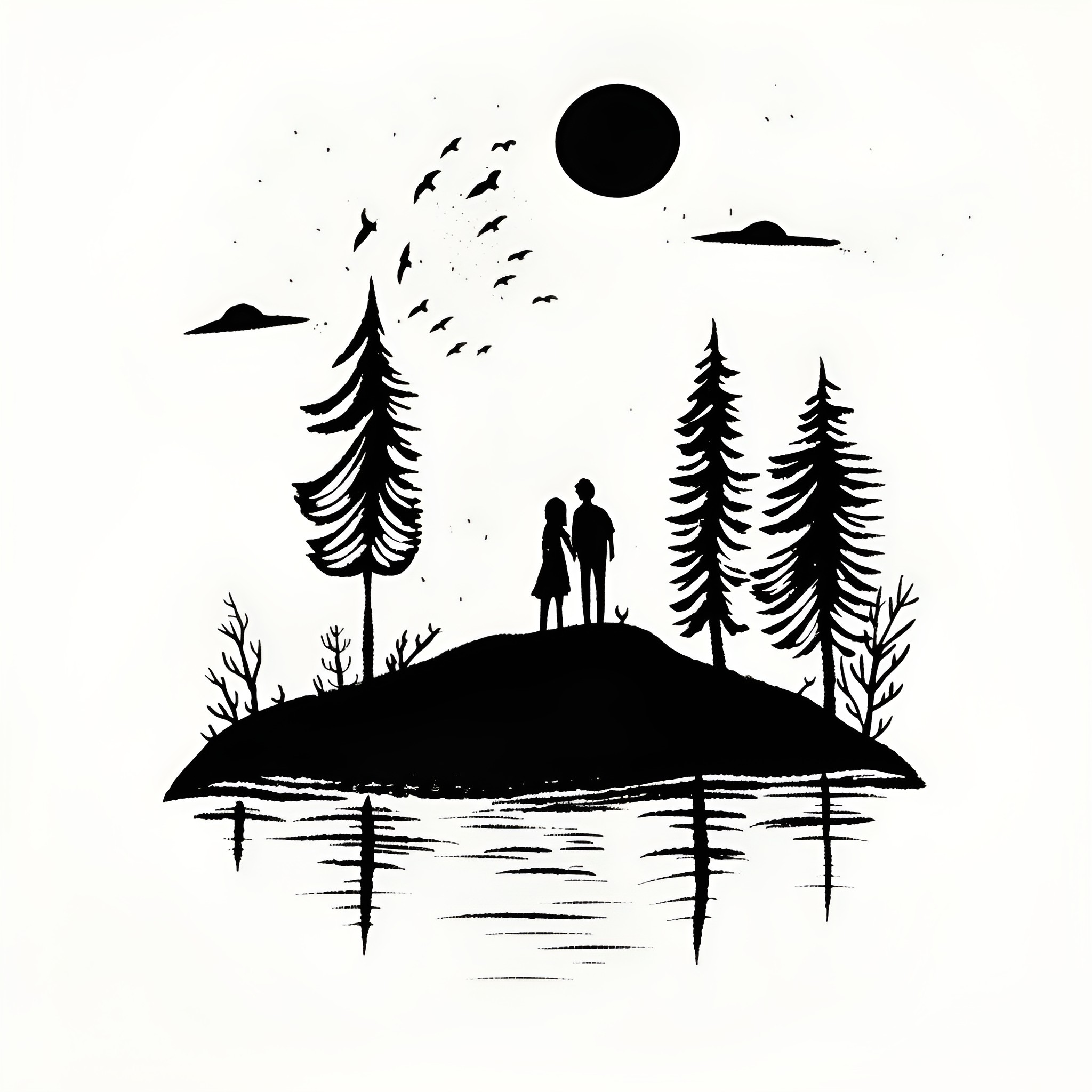 Love's Tranquil Embrace Drawing Idea (free black-and-white line drawing printable PDF for all, from beginners to advanced learners, including children, teens, adults, and seniors)