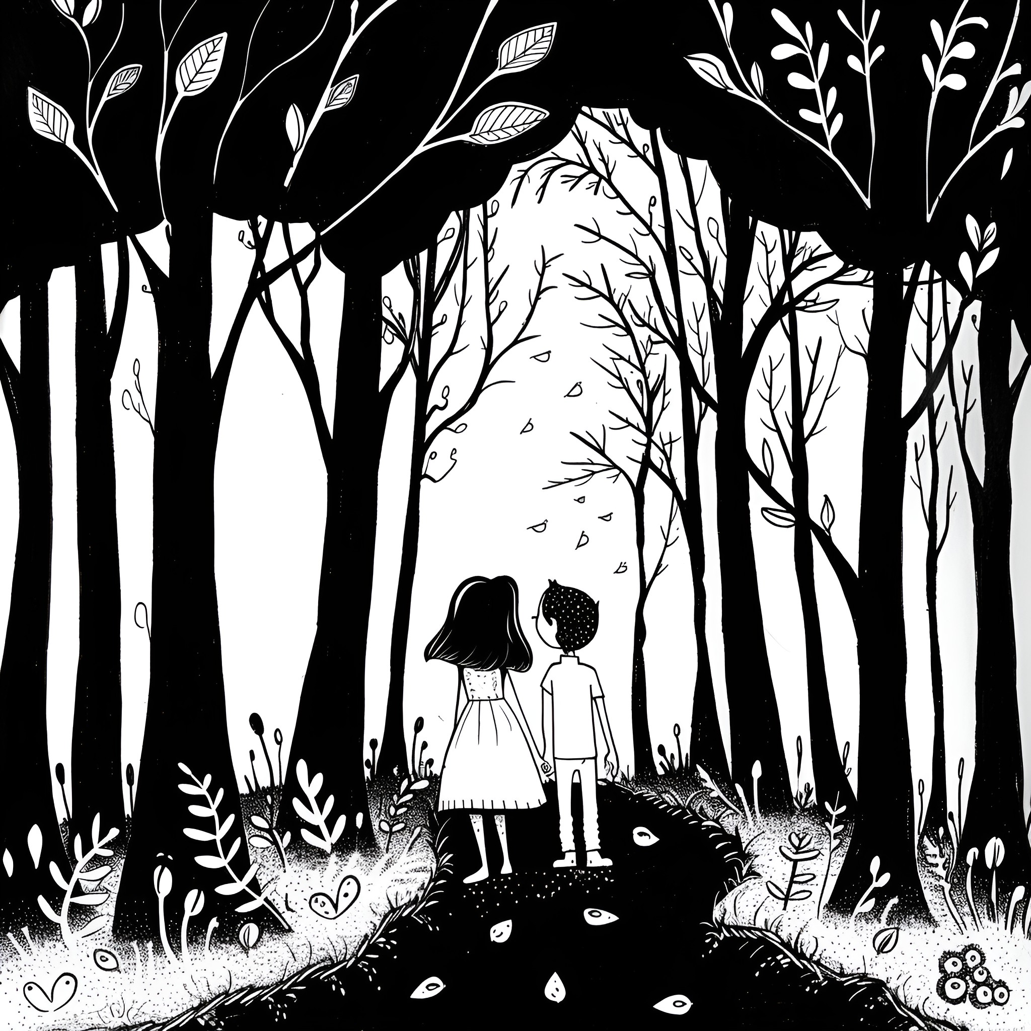 Love's Gentle Journey Through the Woodland Drawing Idea (free black-and-white line drawing printable PDF for all, from beginners to advanced learners, including children, teens, adults, and seniors)