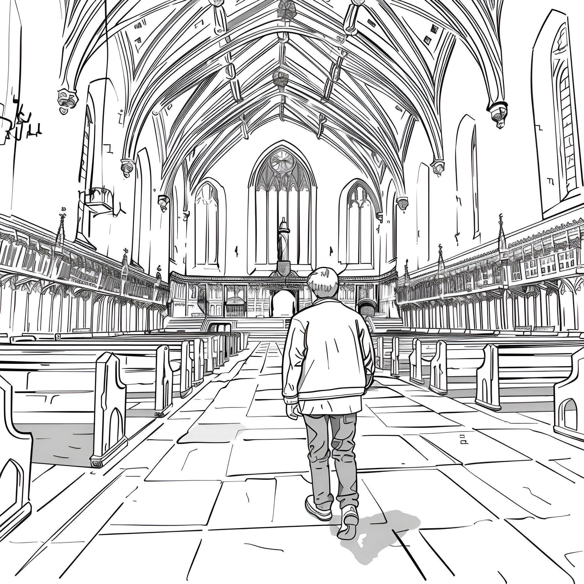 Harry Potter exploring a majestic wizarding cathedral Drawing Idea (free black-and-white line drawing printable PDF for all, from beginners to advanced learners, including children, teens, adults, and seniors)