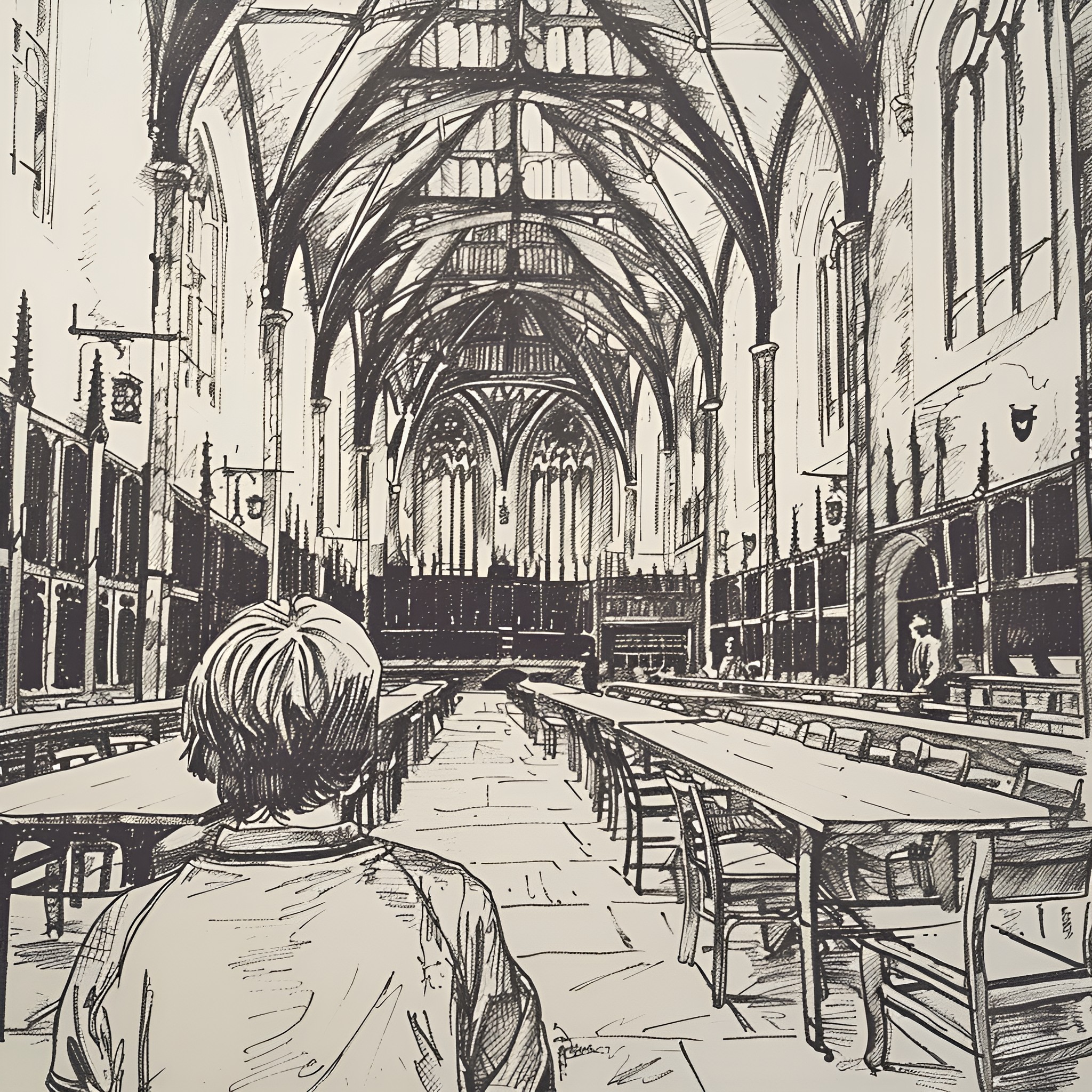 Harry Potter exploring Hogwarts' grand halls Drawing Idea (free black-and-white line drawing printable PDF for all, from beginners to advanced learners, including children, teens, adults, and seniors)