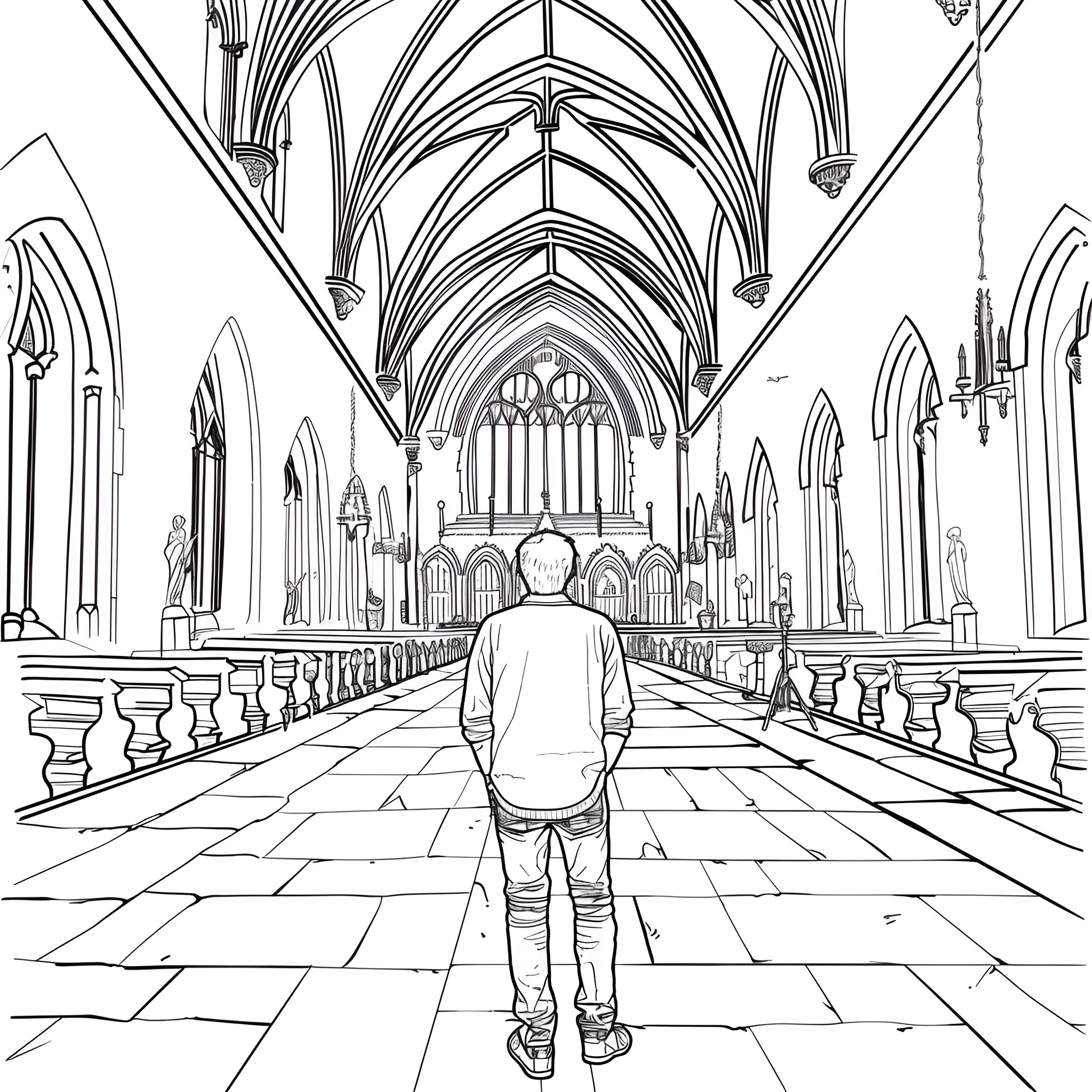 Harry Potter exploring a majestic cathedral Drawing Idea (free black-and-white line drawing printable PDF for all, from beginners to advanced learners, including children, teens, adults, and seniors)