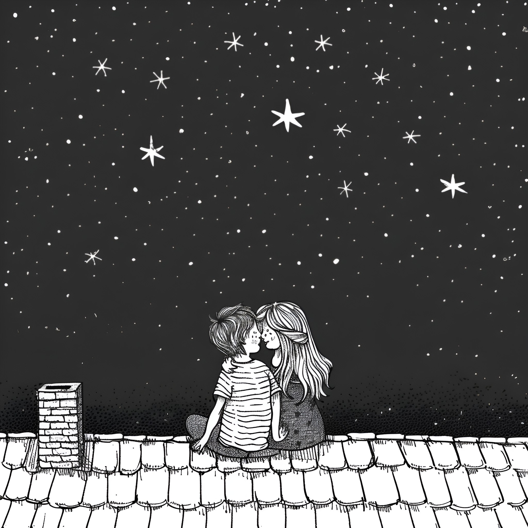 Love Under the Starry Night Drawing Idea (free black-and-white line drawing printable PDF for all, from beginners to advanced learners, including children, teens, adults, and seniors)