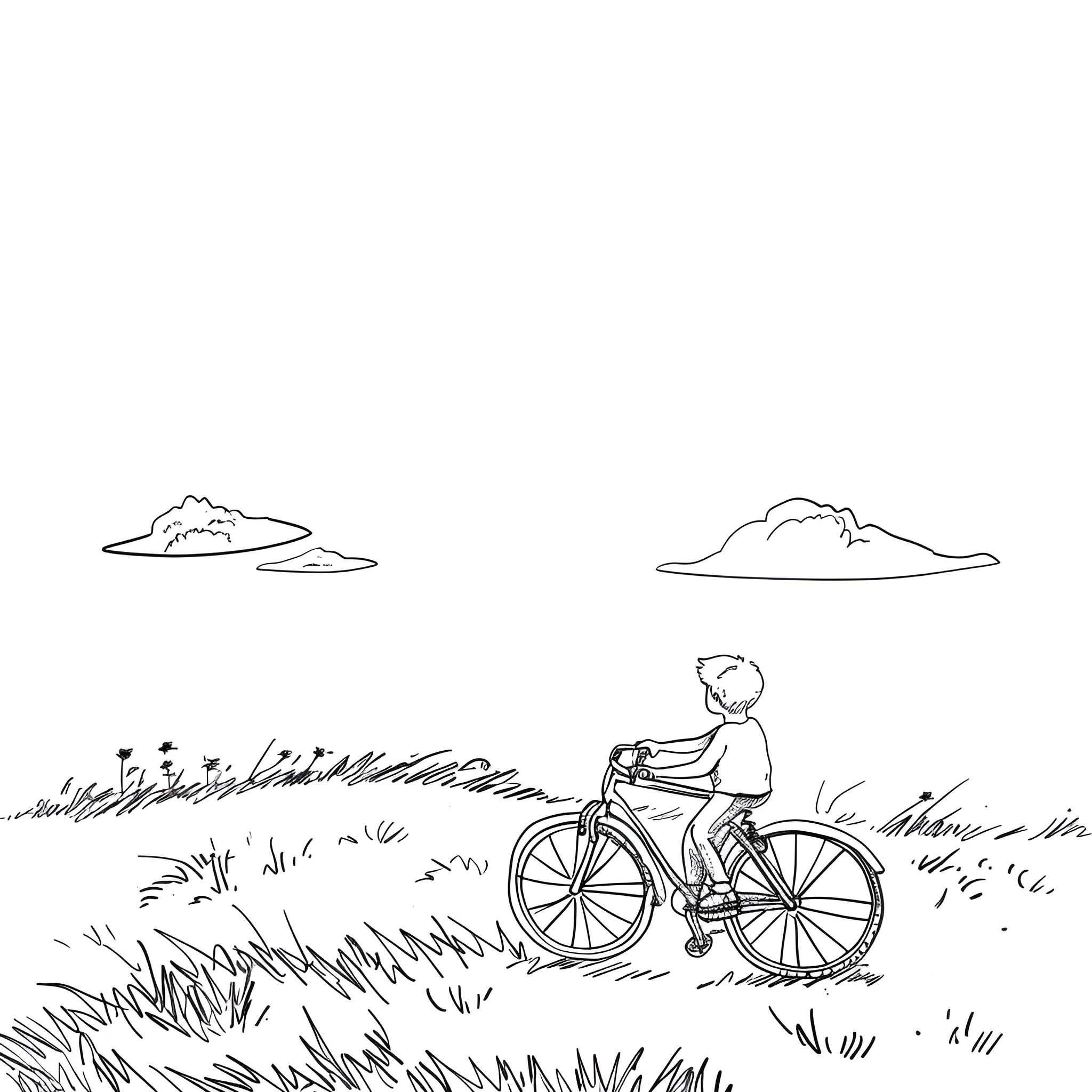 Summer bike ride through countryside Drawing Idea (free black-and-white line drawing printable PDF for all, from beginners to advanced learners, including children, teens, adults, and seniors)