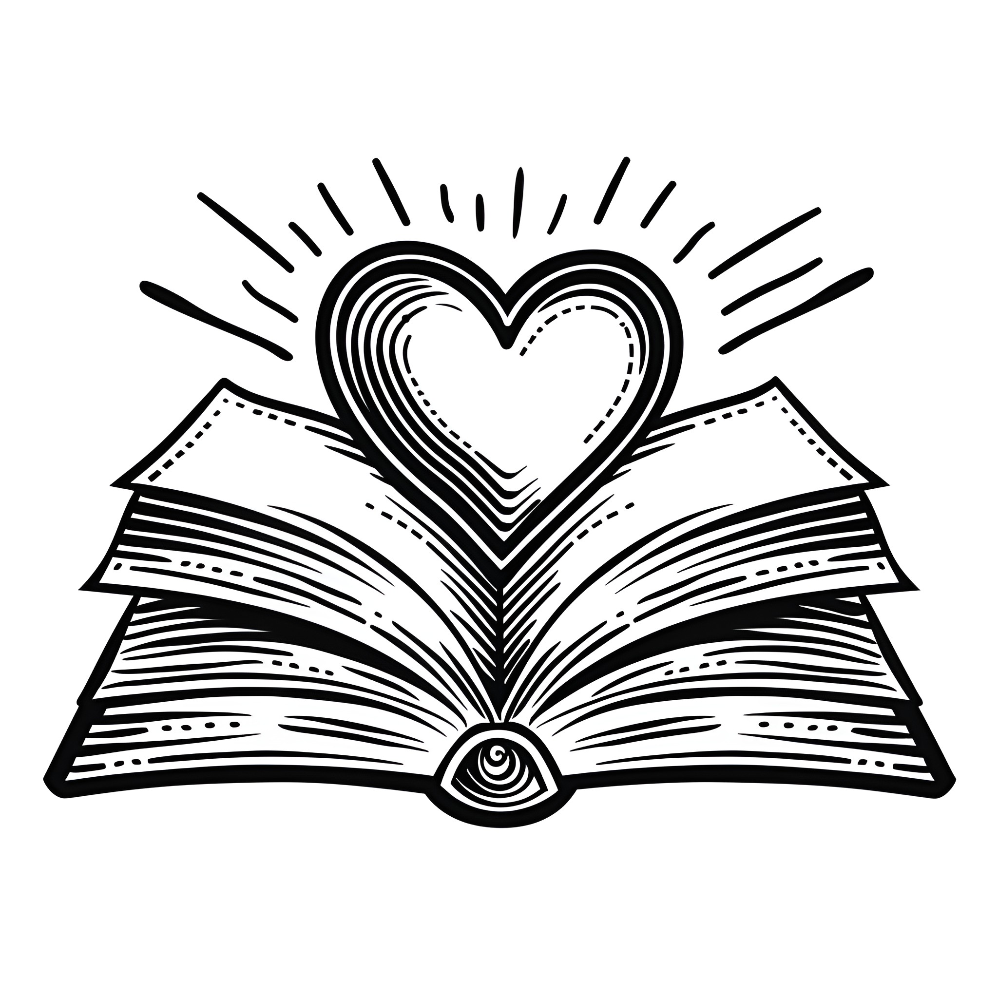 Heart-shaped book with radiating patterns Drawing Idea (free black-and-white line drawing printable PDF for all, from beginners to advanced learners, including children, teens, adults, and seniors)