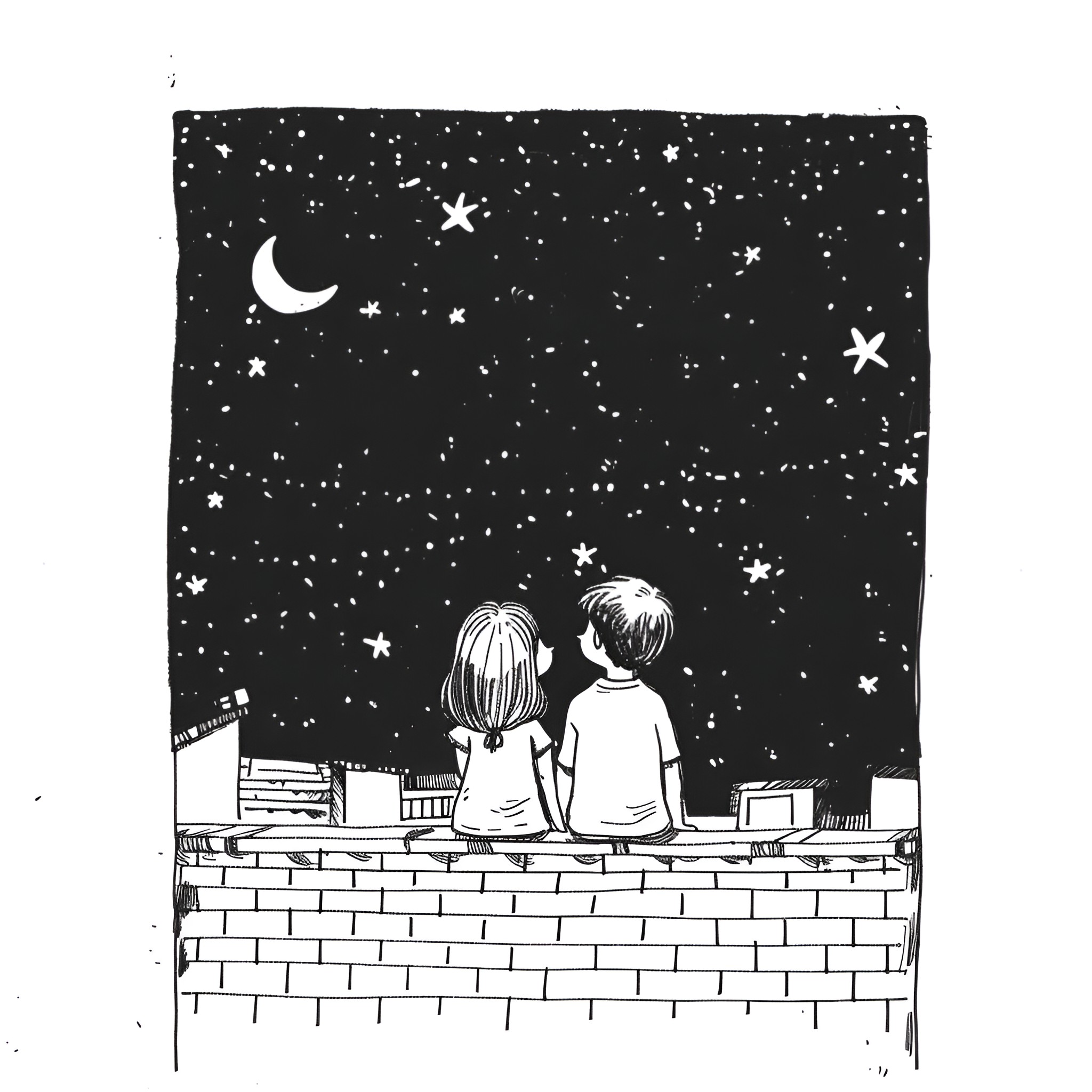 Love gazing at starry night sky Drawing Idea (free black-and-white line drawing printable PDF for all, from beginners to advanced learners, including children, teens, adults, and seniors)