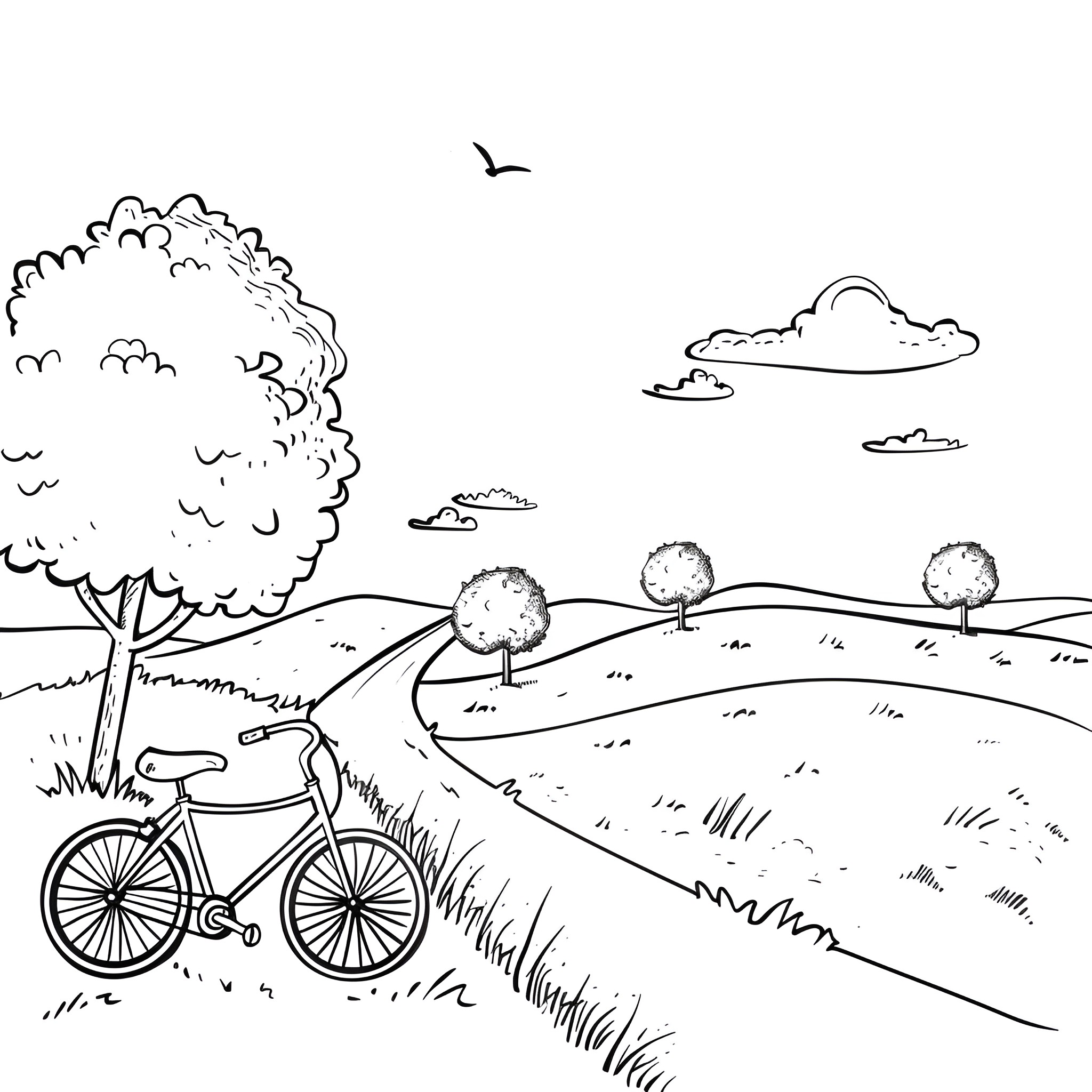 Summer Bicycle Ride Through Countryside Drawing Idea (free black-and-white line drawing printable PDF for all, from beginners to advanced learners, including children, teens, adults, and seniors)