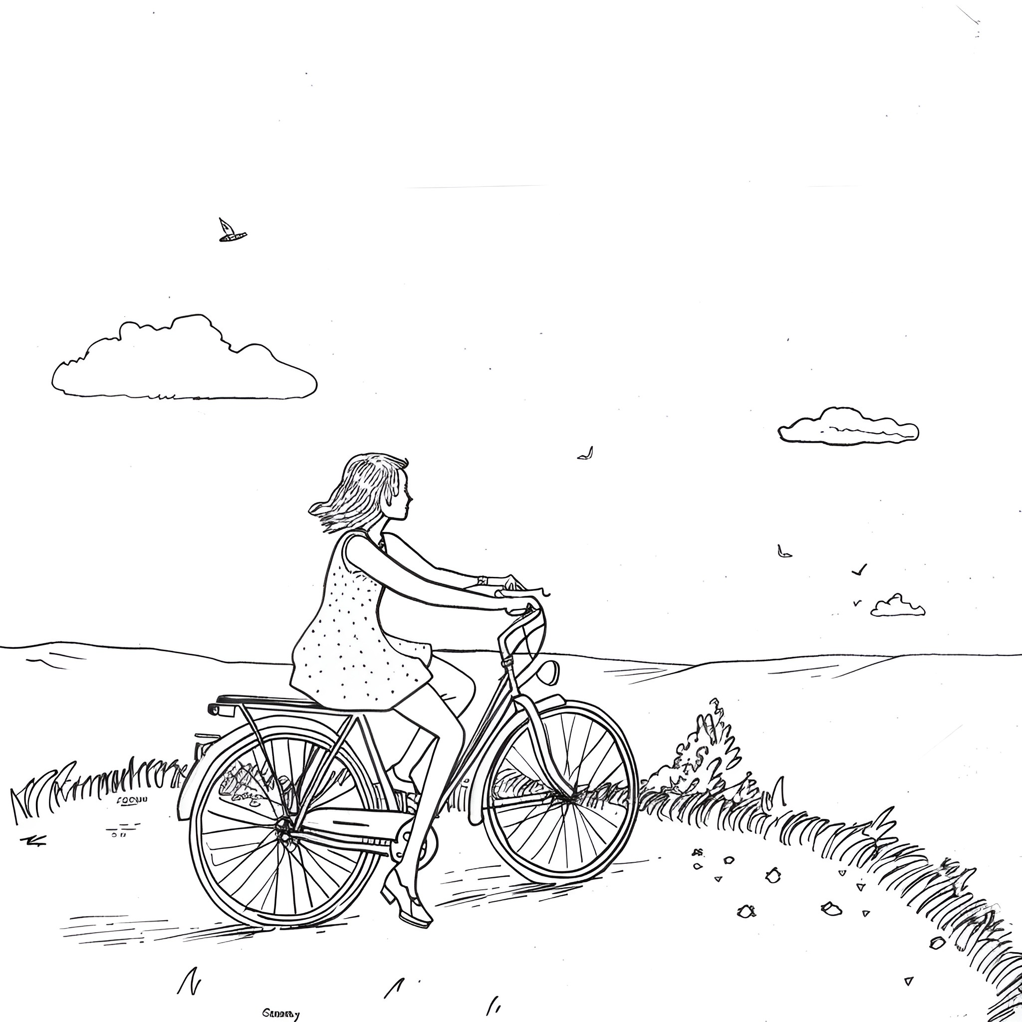 Summer Cycling Adventure on Country Road Drawing Idea (free black-and-white line drawing printable PDF for all, from beginners to advanced learners, including children, teens, adults, and seniors)