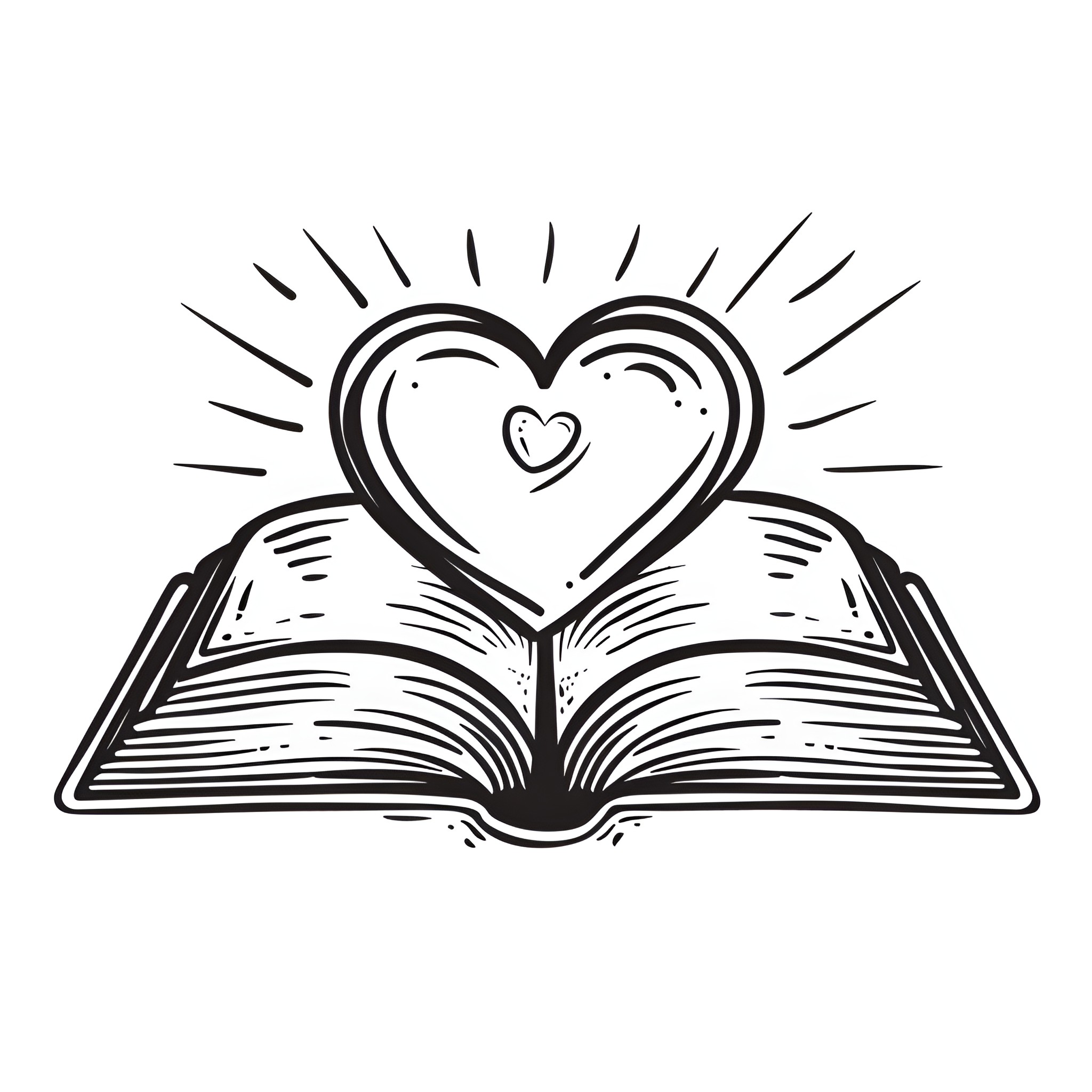 Heart shining over open book Drawing Idea (free black-and-white line drawing printable PDF for all, from beginners to advanced learners, including children, teens, adults, and seniors)