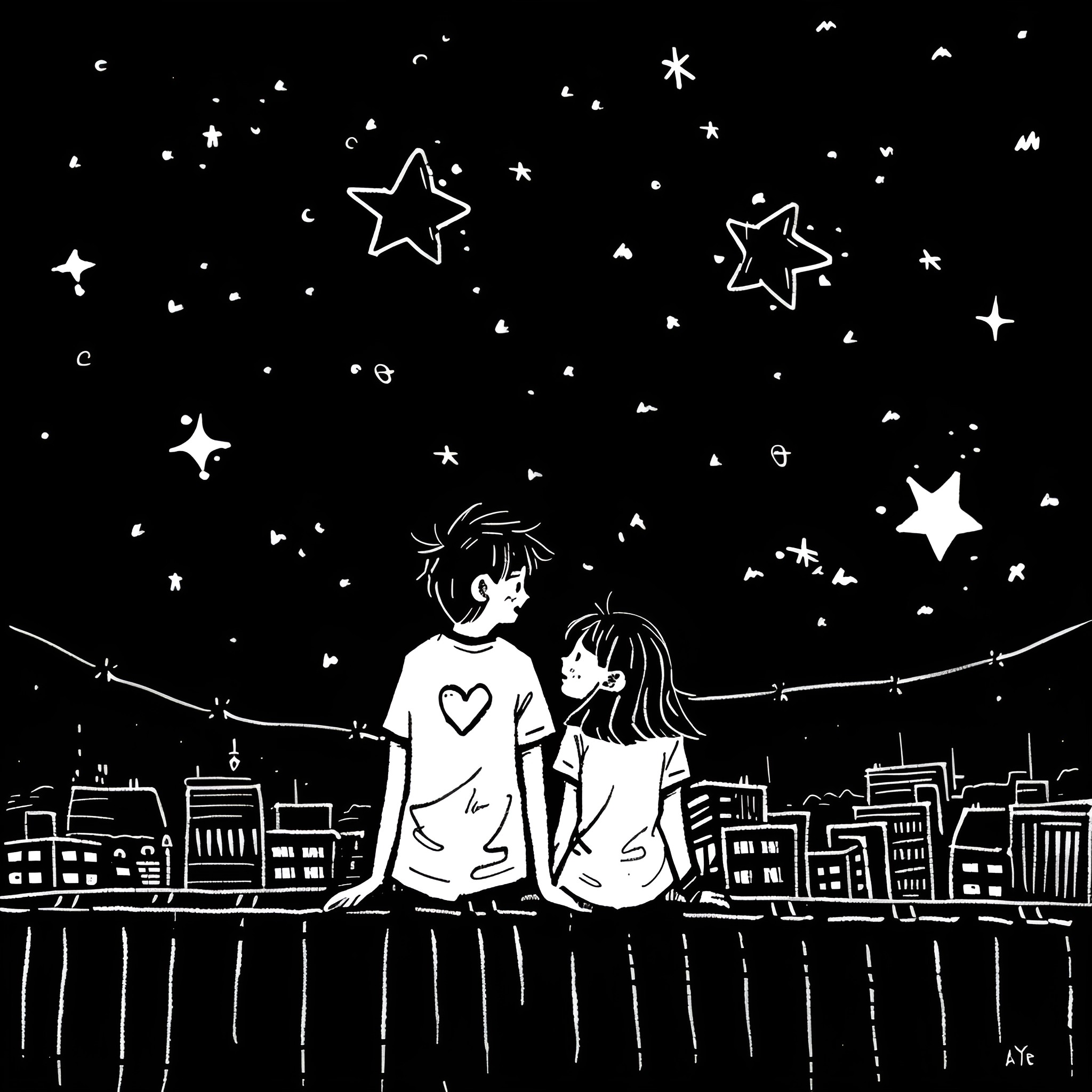Love under the starry night sky Drawing Idea (free black-and-white line drawing printable PDF for all, from beginners to advanced learners, including children, teens, adults, and seniors)