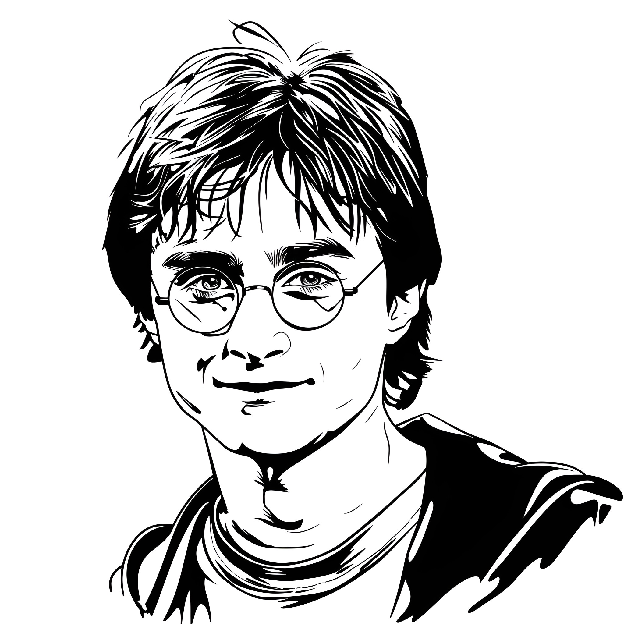 Harry Potter smiling with round glasses Drawing Idea (free black-and-white line drawing printable PDF for all, from beginners to advanced learners, including children, teens, adults, and seniors)