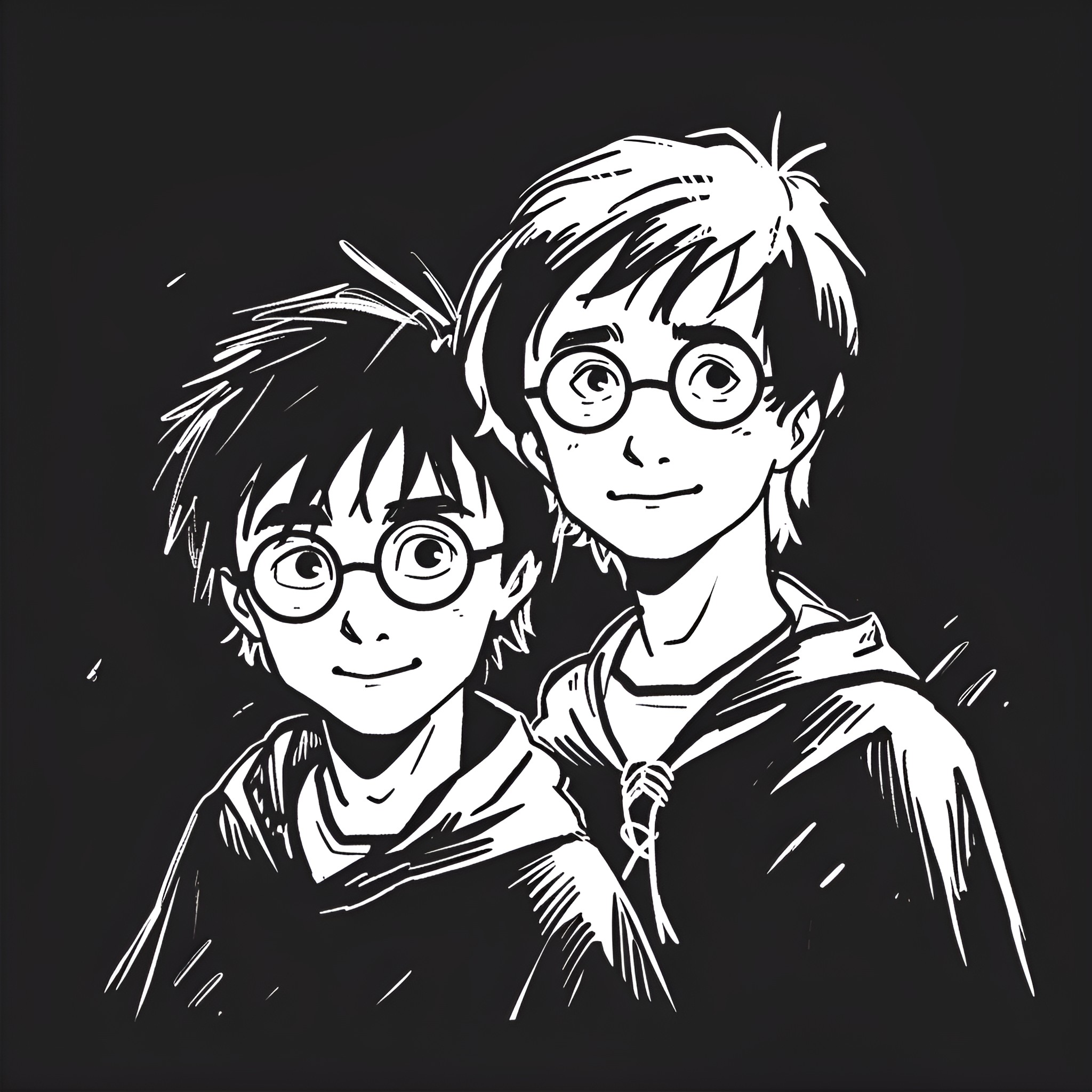 Harry Potter and Ron Weasley in Hogwarts uniforms Drawing Idea (free black-and-white line drawing printable PDF for all, from beginners to advanced learners, including children, teens, adults, and seniors)