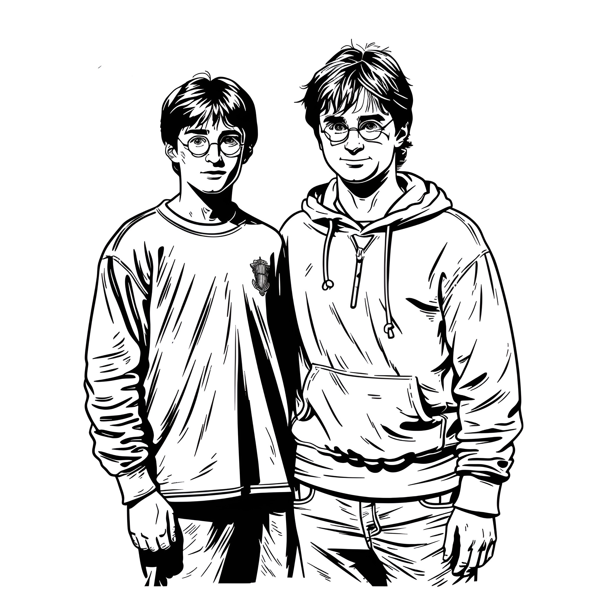 Harry Potter and Ron Weasley in casual outfits Drawing Idea (free black-and-white line drawing printable PDF for all, from beginners to advanced learners, including children, teens, adults, and seniors)