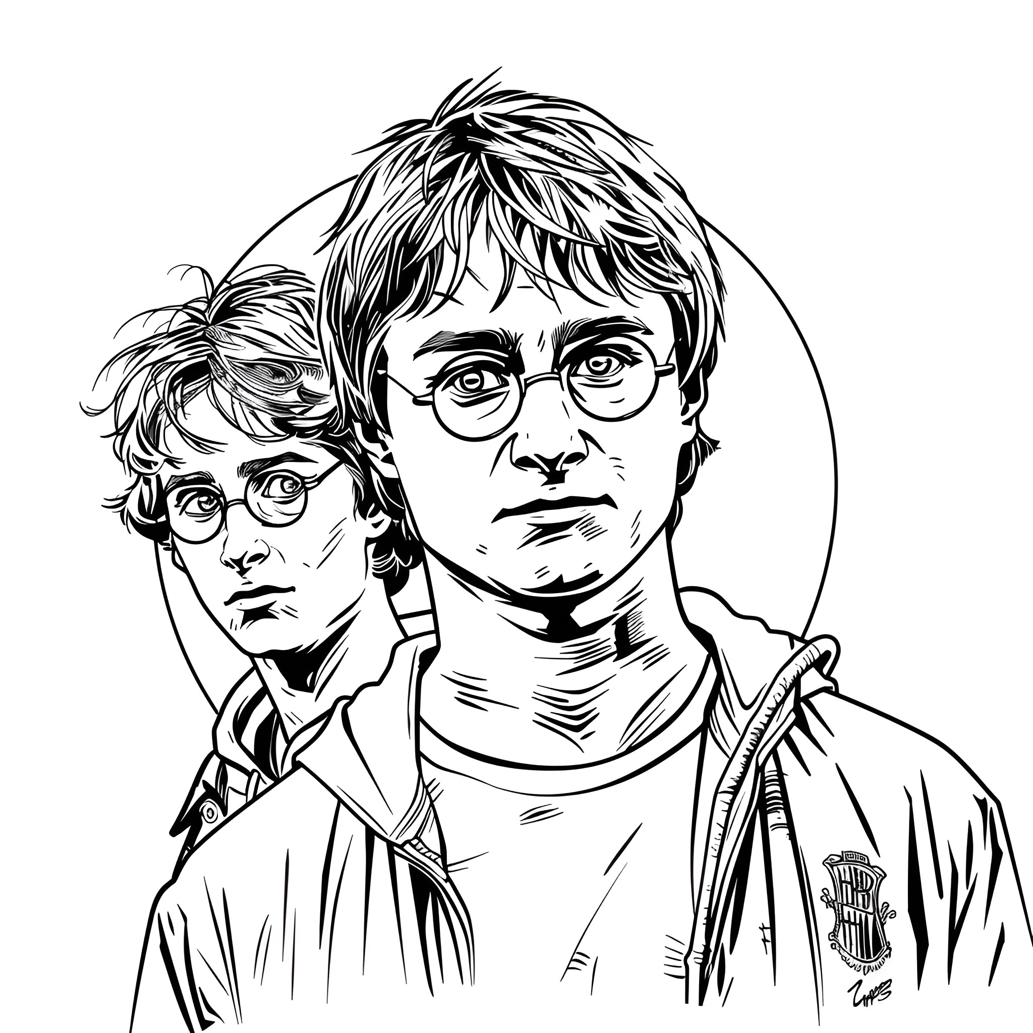 Harry Potter and the Wizarding Protagonists Drawing Idea (free black-and-white line drawing printable PDF for all, from beginners to advanced learners, including children, teens, adults, and seniors)