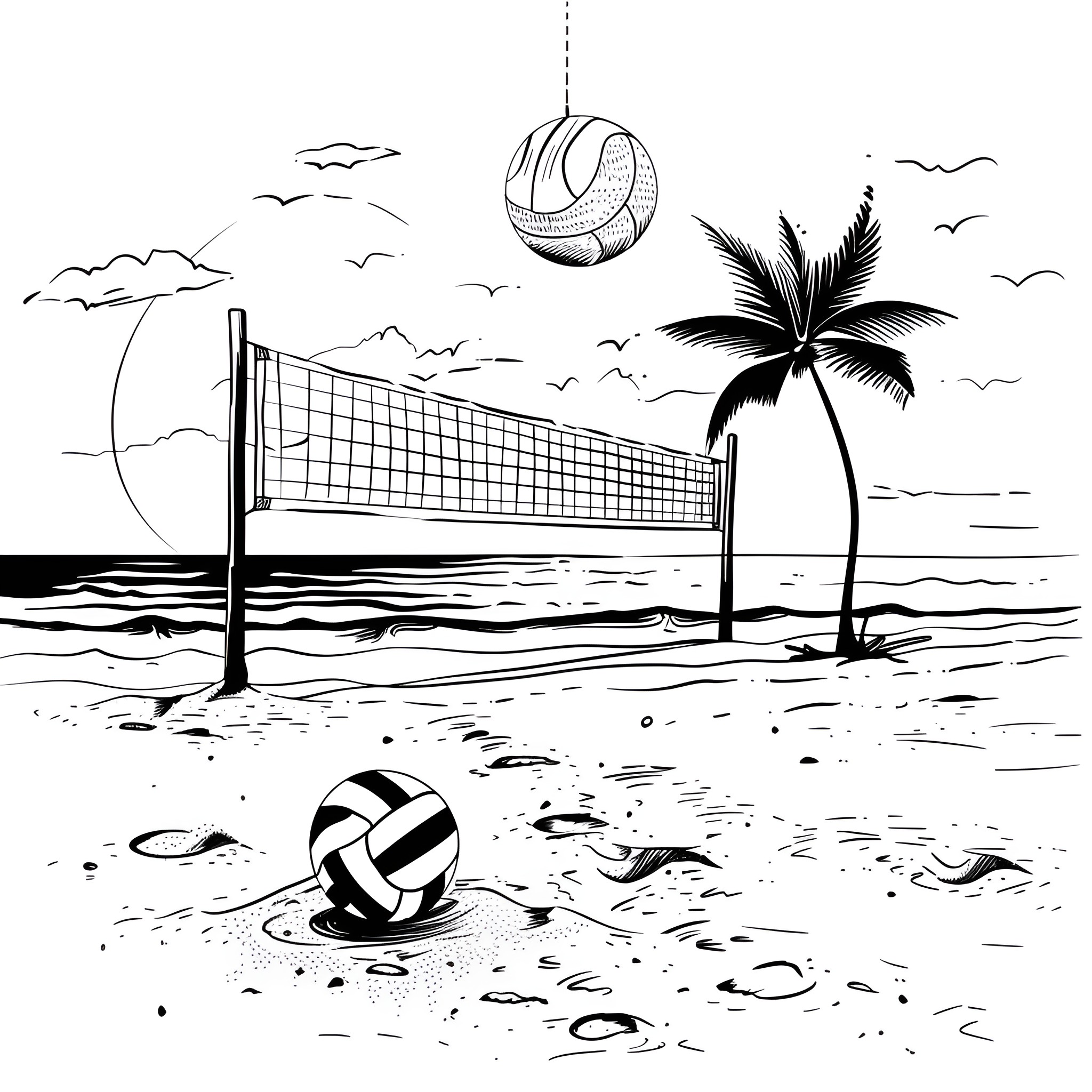 Summer beach volleyball scene Drawing Idea (free black-and-white line drawing printable PDF for all, from beginners to advanced learners, including children, teens, adults, and seniors)