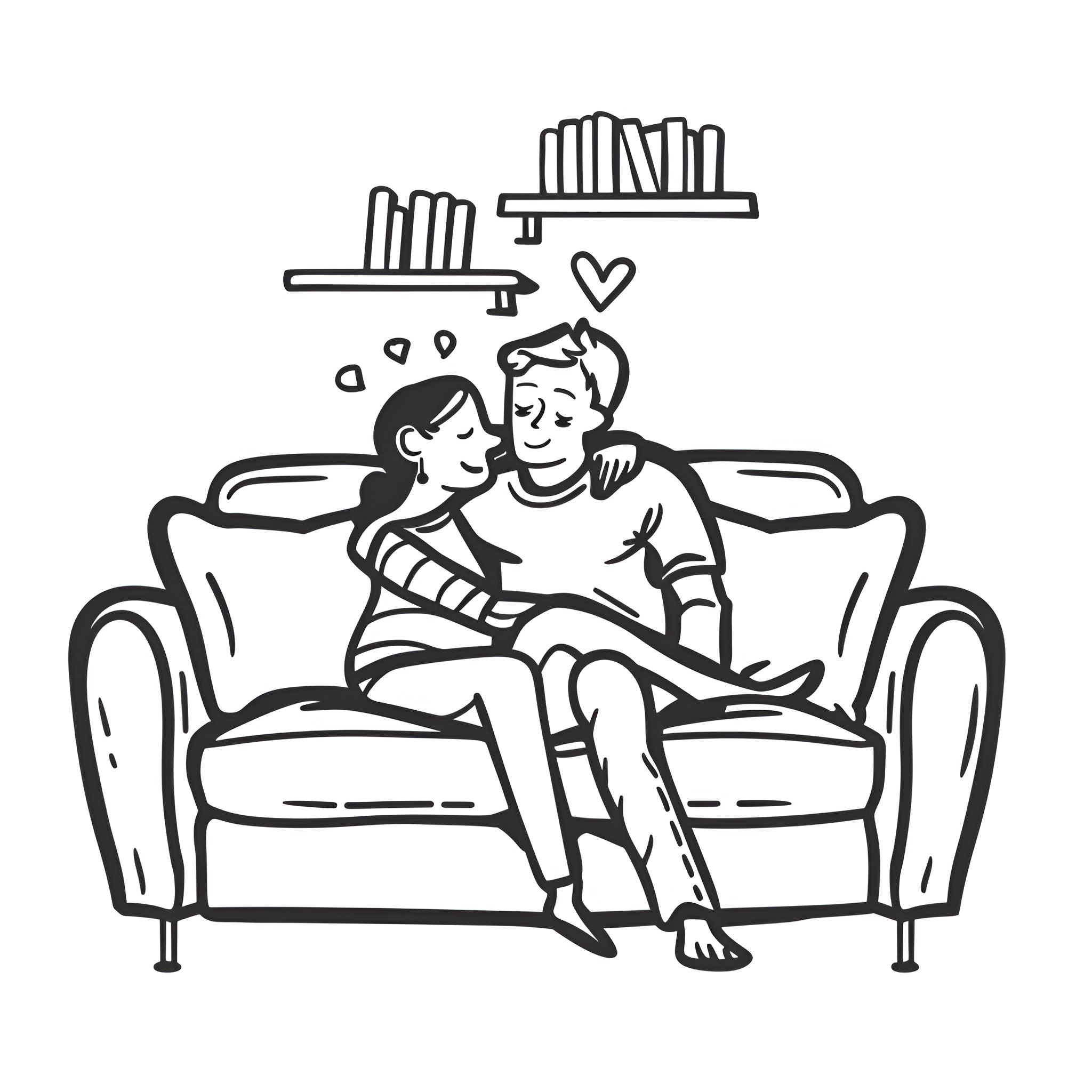 Love on the Couch Drawing Idea (free black-and-white line drawing printable PDF for all, from beginners to advanced learners, including children, teens, adults, and seniors)