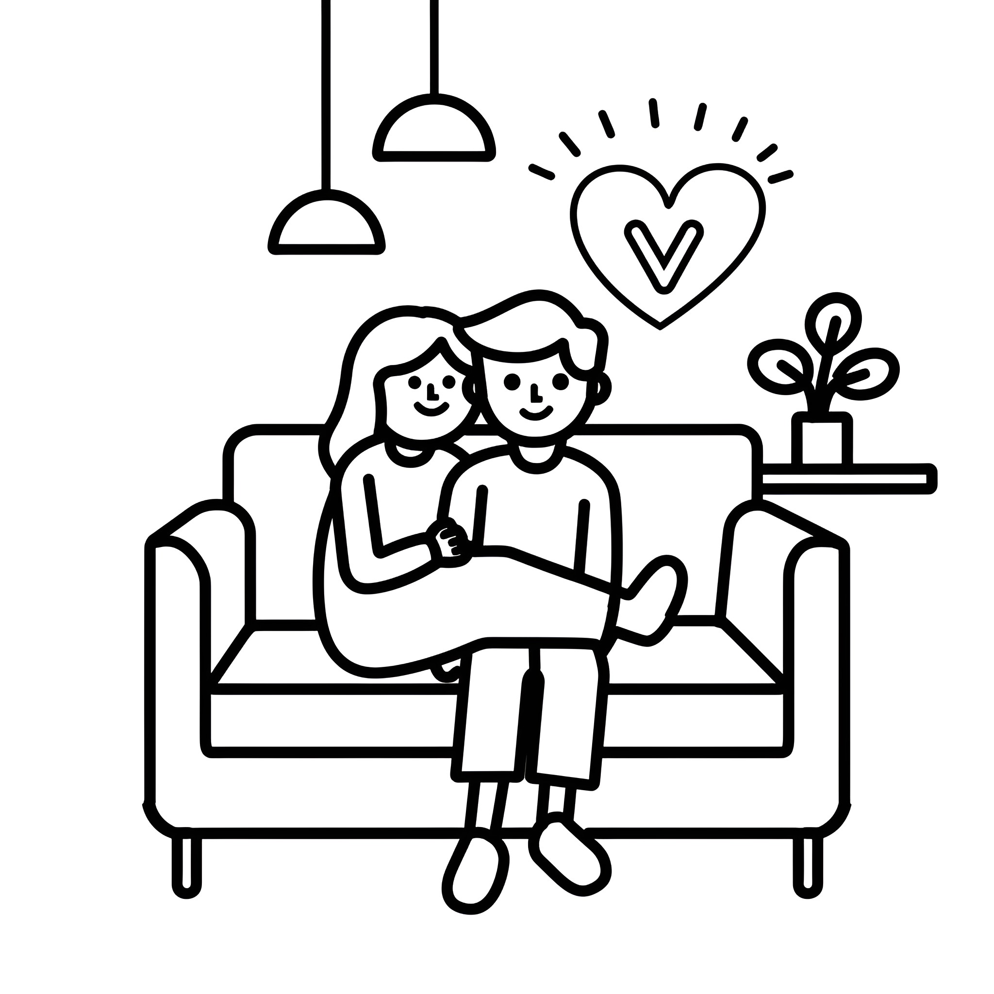 Love shared on the couch Drawing Idea (free black-and-white line drawing printable PDF for all, from beginners to advanced learners, including children, teens, adults, and seniors)