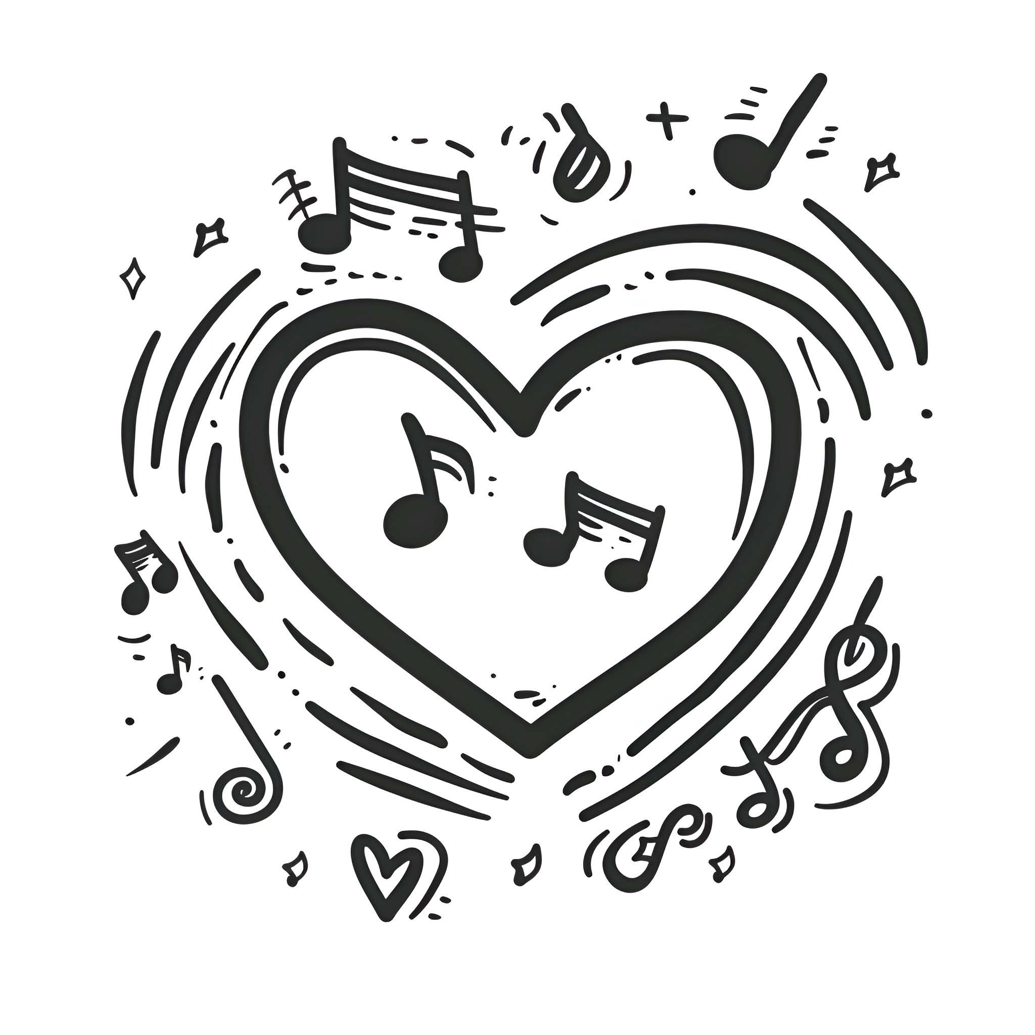 Heart filled with musical notes Drawing Idea (free black-and-white line drawing printable PDF for all, from beginners to advanced learners, including children, teens, adults, and seniors)