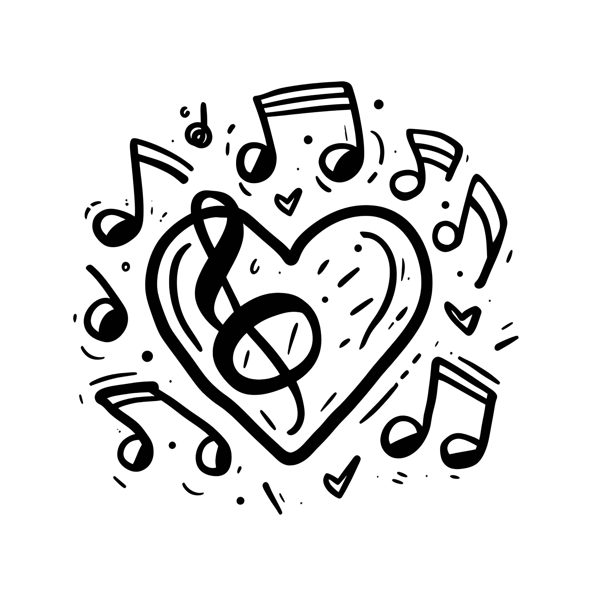 Heart filled with musical notes Drawing Idea (free black-and-white line drawing printable PDF for all, from beginners to advanced learners, including children, teens, adults, and seniors)