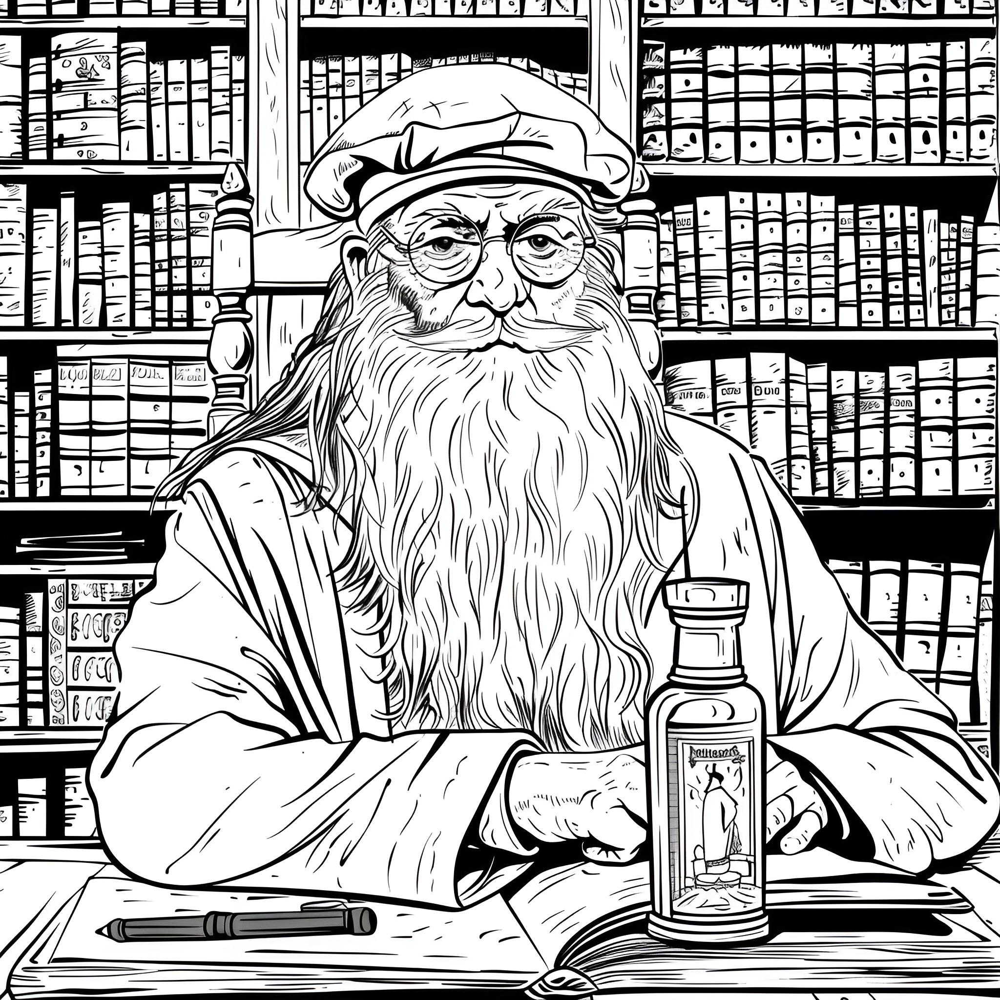 Harry Potter's wizarding professor in library Drawing Idea (free black-and-white line drawing printable PDF for all, from beginners to advanced learners, including children, teens, adults, and seniors)