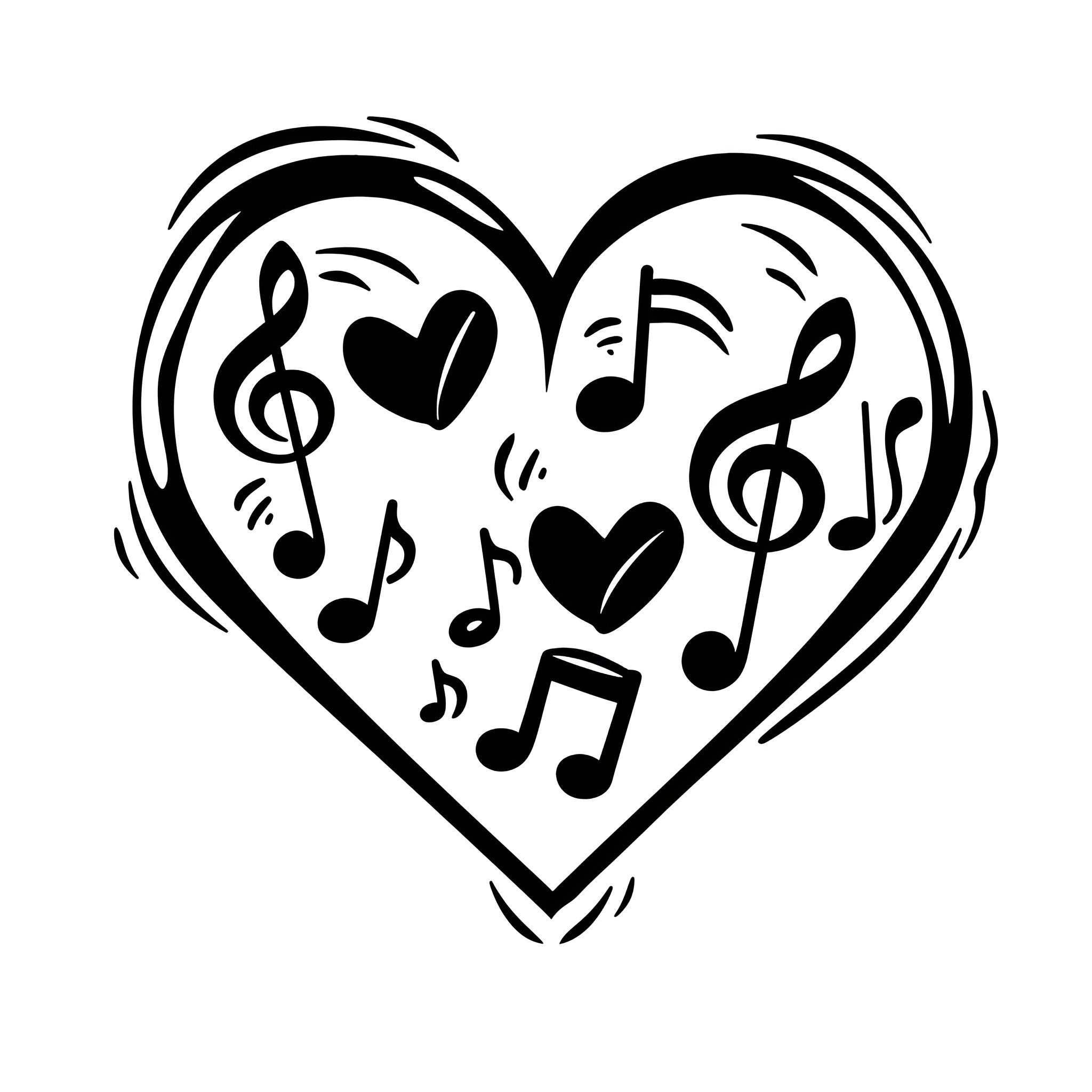 Heart Filled with Musical Notes Drawing Idea (free black-and-white line drawing printable PDF for all, from beginners to advanced learners, including children, teens, adults, and seniors)