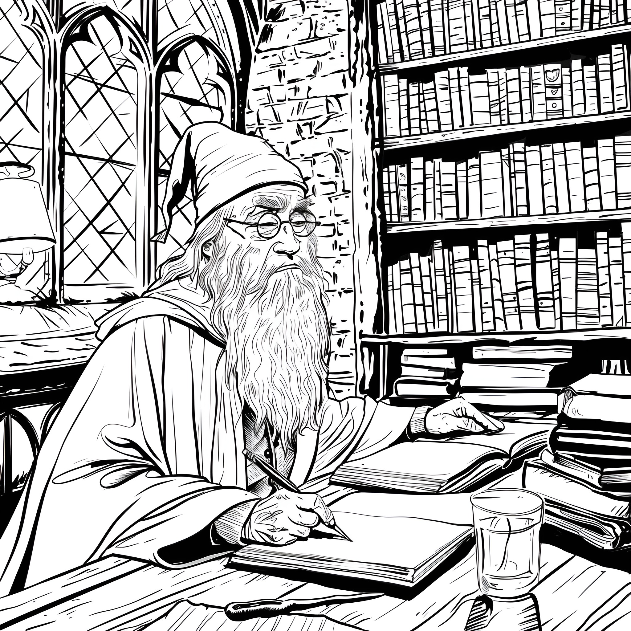 Harry Potter studying intently in the library Drawing Idea (free black-and-white line drawing printable PDF for all, from beginners to advanced learners, including children, teens, adults, and seniors)