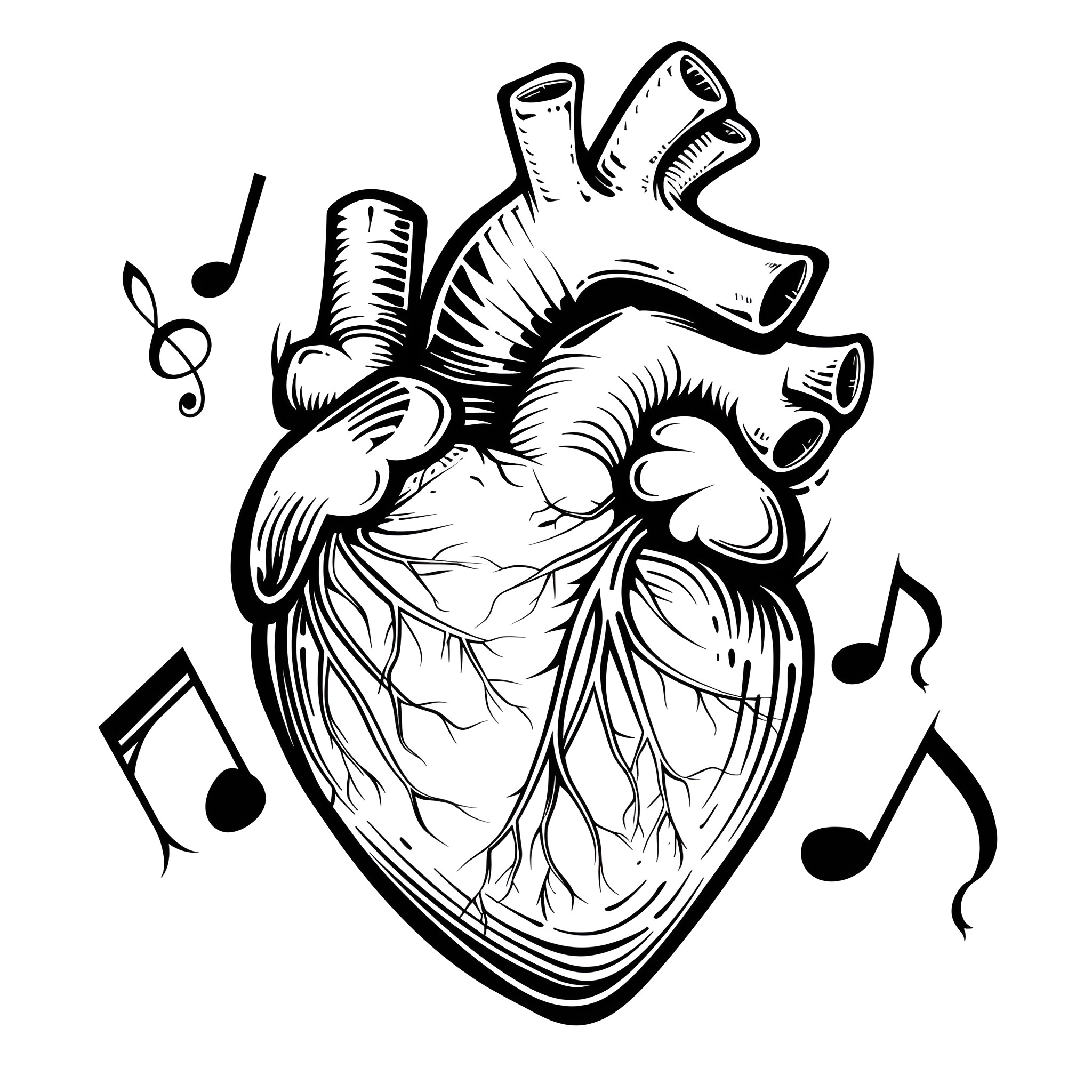 Heart Filled with Melodic Rhythm Drawing Idea (free black-and-white line drawing printable PDF for all, from beginners to advanced learners, including children, teens, adults, and seniors)