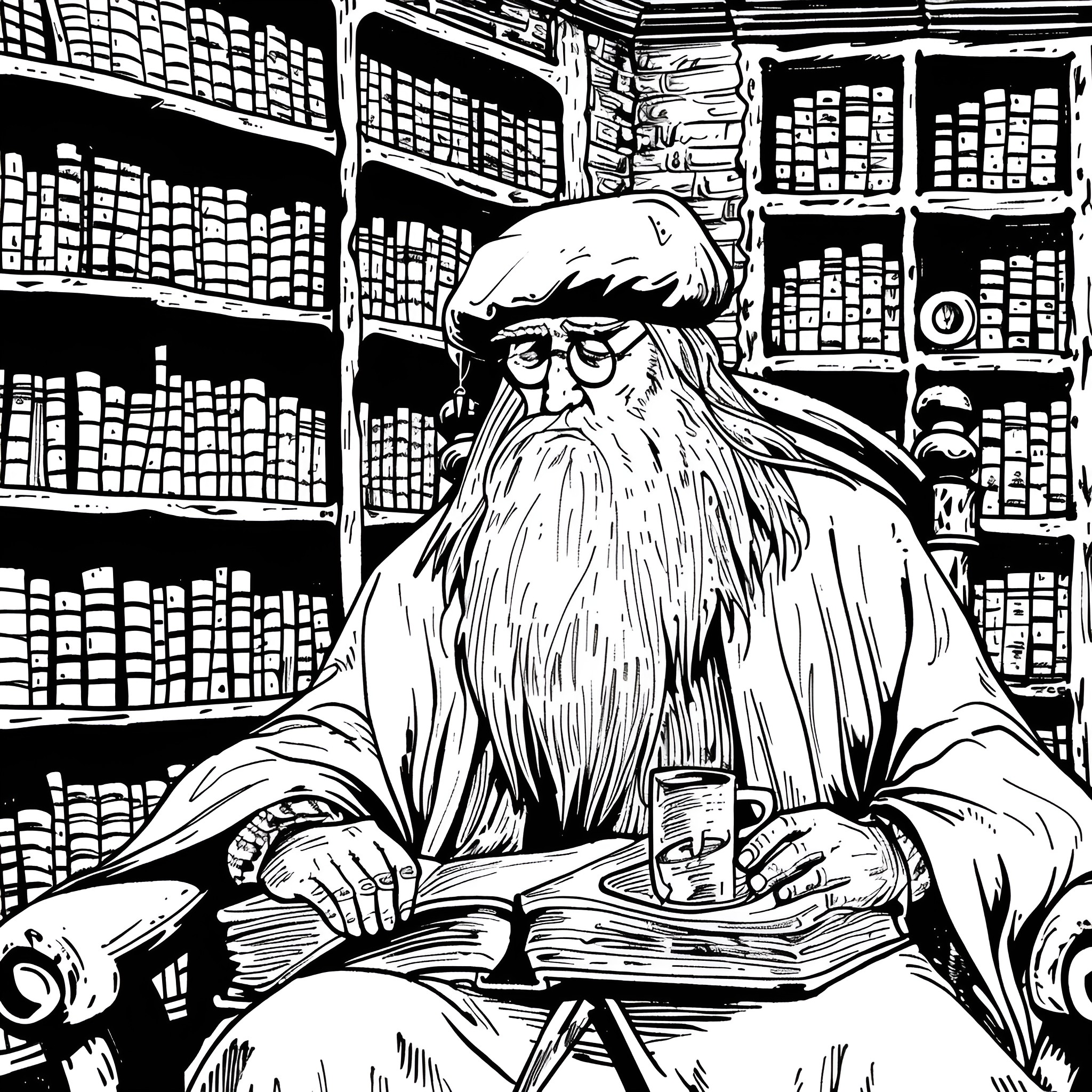 Harry Potter's Wise Mentor in the Library Drawing Idea (free black-and-white line drawing printable PDF for all, from beginners to advanced learners, including children, teens, adults, and seniors)