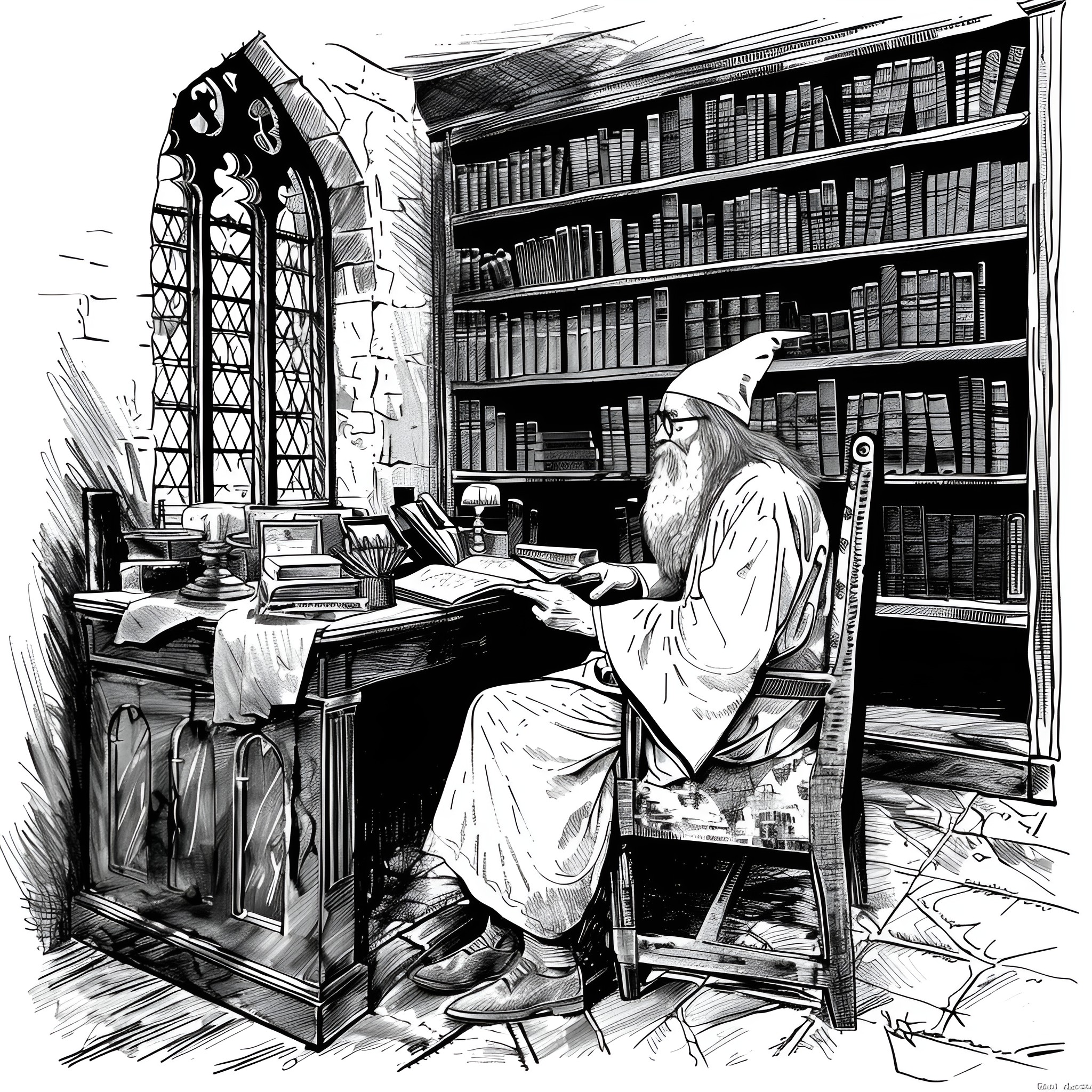 Harry Potter studying in the Hogwarts library Drawing Idea (free black-and-white line drawing printable PDF for all, from beginners to advanced learners, including children, teens, adults, and seniors)