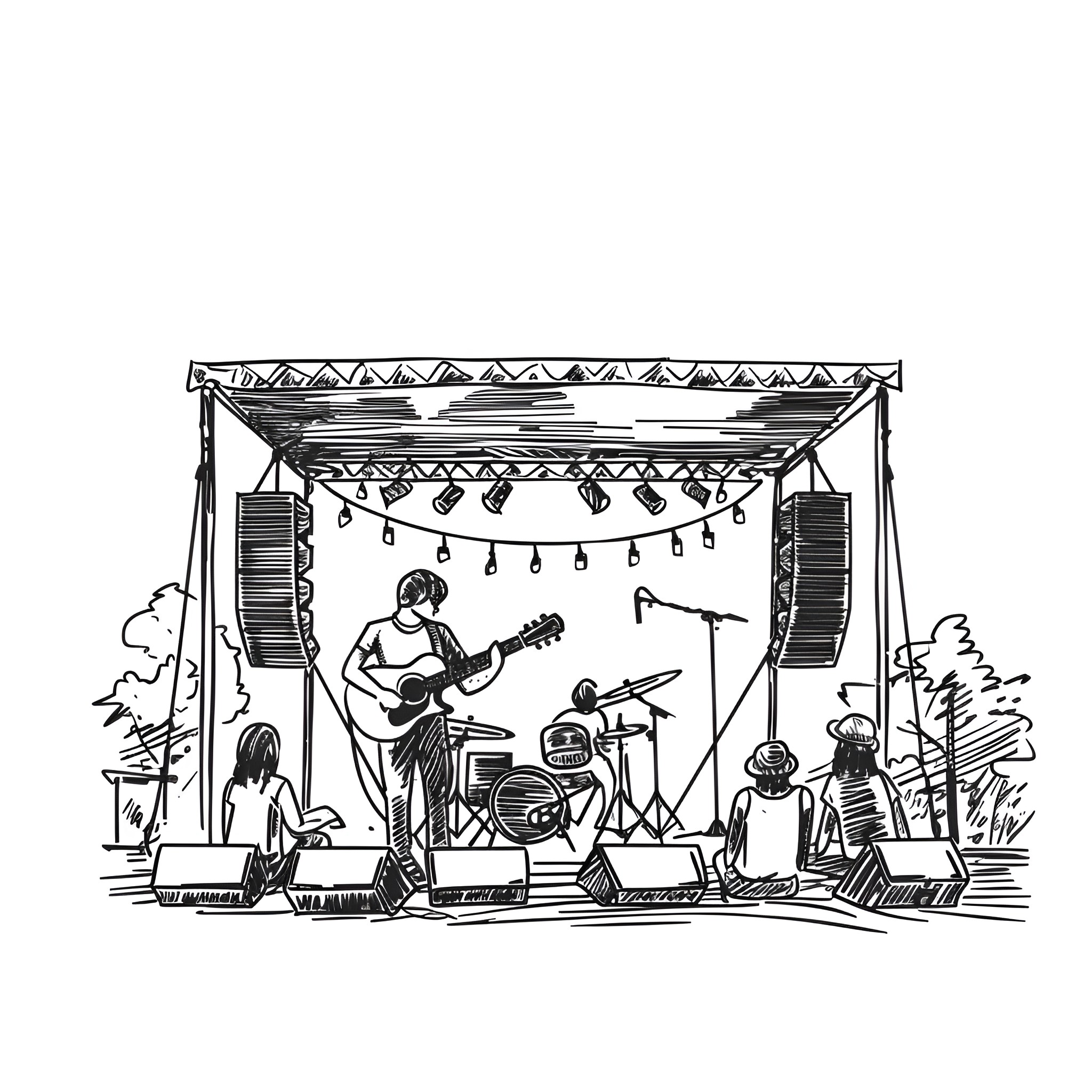 Summer musicians performing on stage Drawing Idea (free black-and-white line drawing printable PDF for all, from beginners to advanced learners, including children, teens, adults, and seniors)