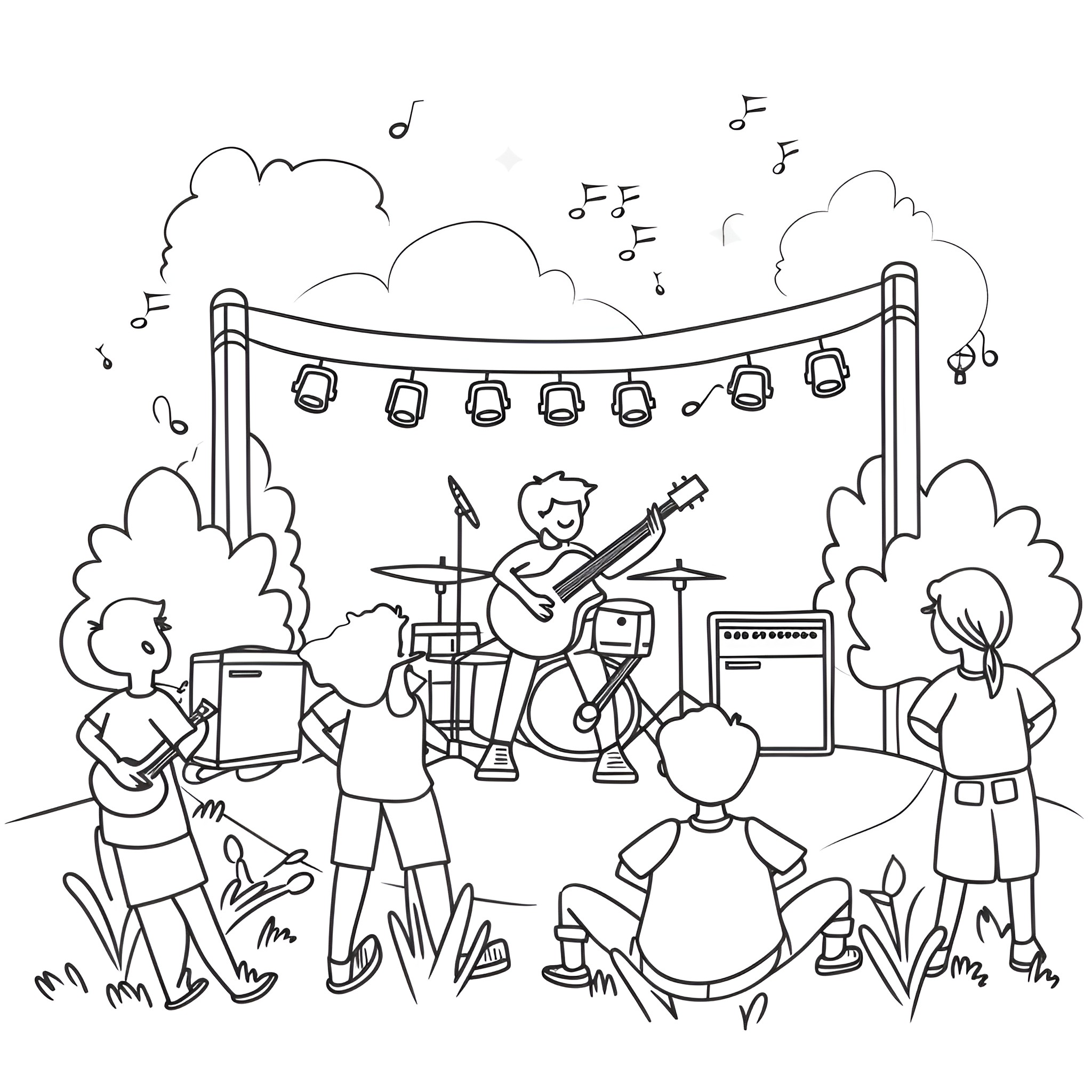 Summer music festival with energetic crowd Drawing Idea (free black-and-white line drawing printable PDF for all, from beginners to advanced learners, including children, teens, adults, and seniors)