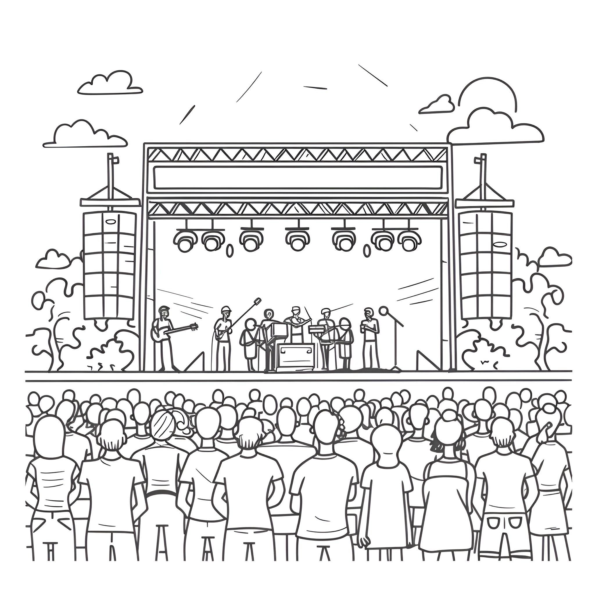 Summer concert on the stage Drawing Idea (free black-and-white line drawing printable PDF for all, from beginners to advanced learners, including children, teens, adults, and seniors)