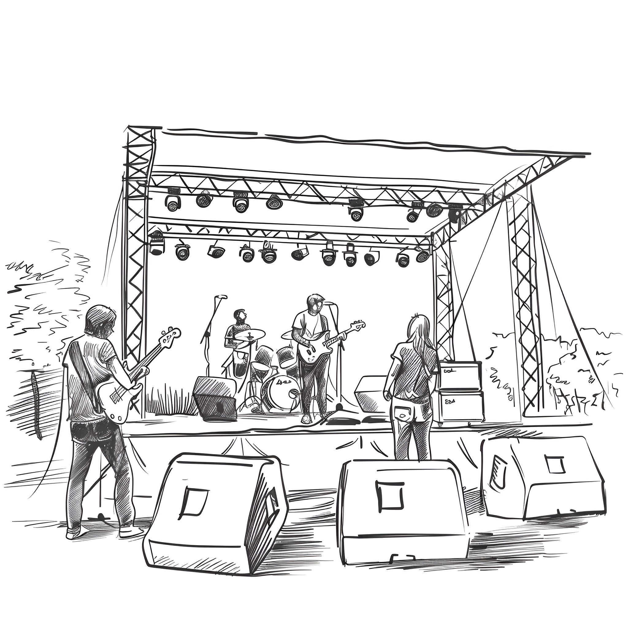 Summer Music Festival Performance on Stage Drawing Idea (free black-and-white line drawing printable PDF for all, from beginners to advanced learners, including children, teens, adults, and seniors)