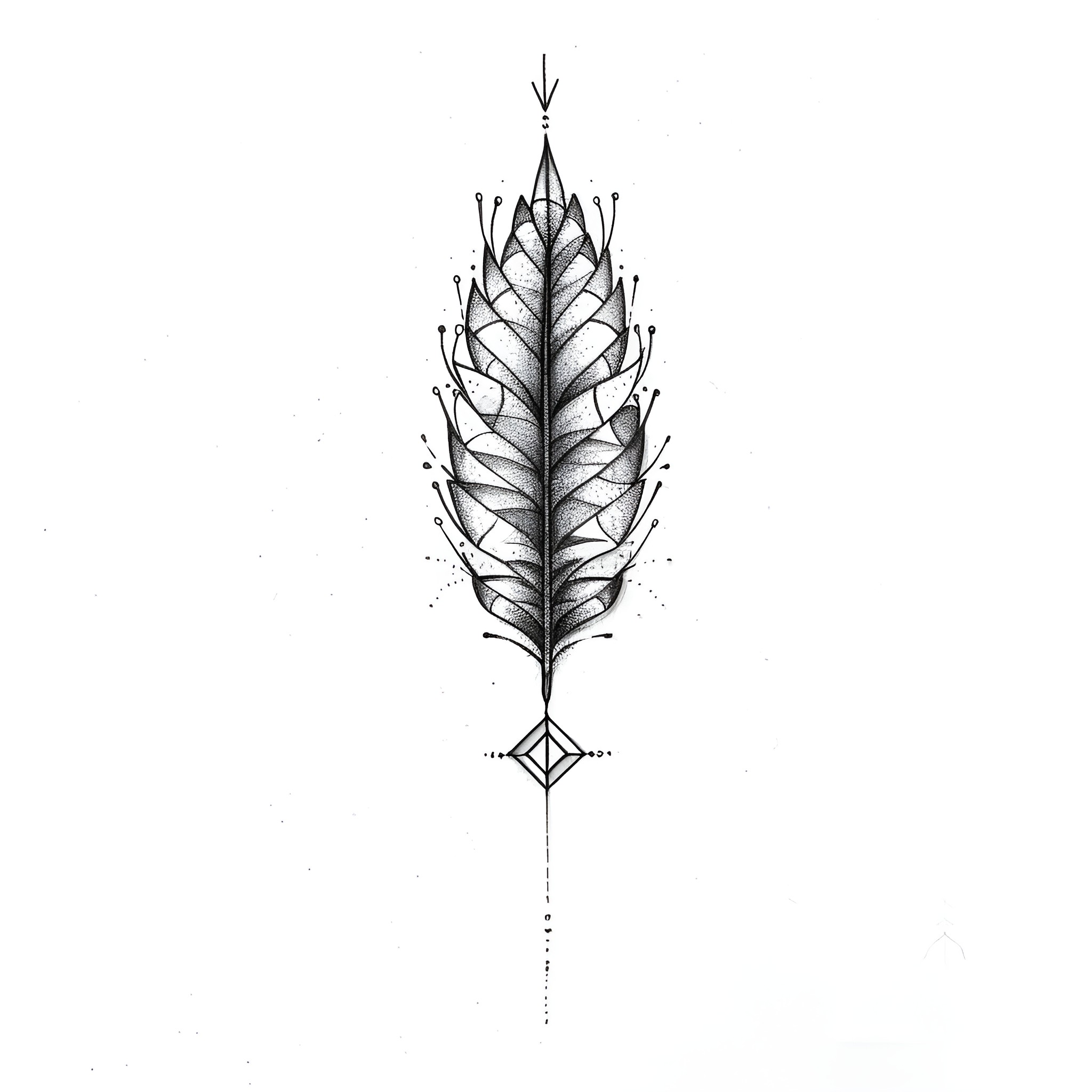 Tattoo Sketch of Ornate Feather Design Drawing Idea (free black-and-white line drawing printable PDF for all, from beginners to advanced learners, including children, teens, adults, and seniors)