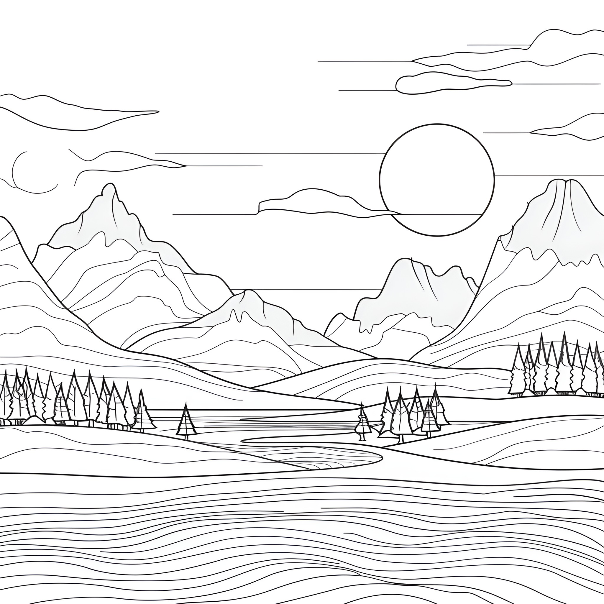 Landscape with mountain scenery Drawing Idea (free black-and-white line drawing printable PDF for all, from beginners to advanced learners, including children, teens, adults, and seniors)