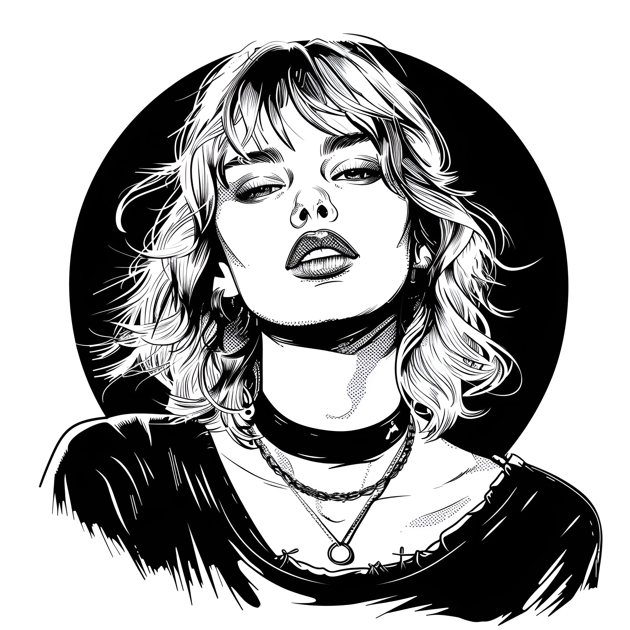 Taylor Swift in a bold, dramatic portrait Drawing Idea (free black-and-white line drawing printable PDF for all, from beginners to advanced learners, including children, teens, adults, and seniors)