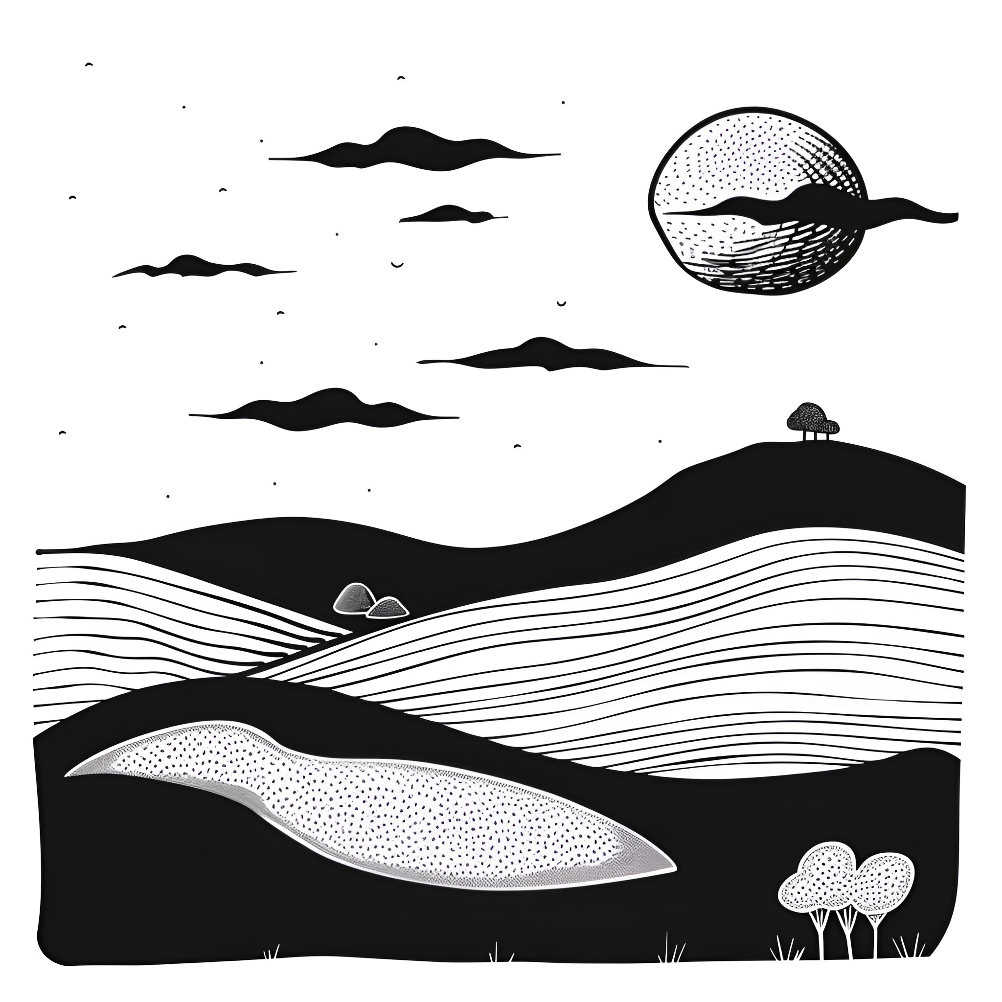 Landscape with abstract silhouettes and patterns Drawing Idea (free black-and-white line drawing printable PDF for all, from beginners to advanced learners, including children, teens, adults, and seniors)