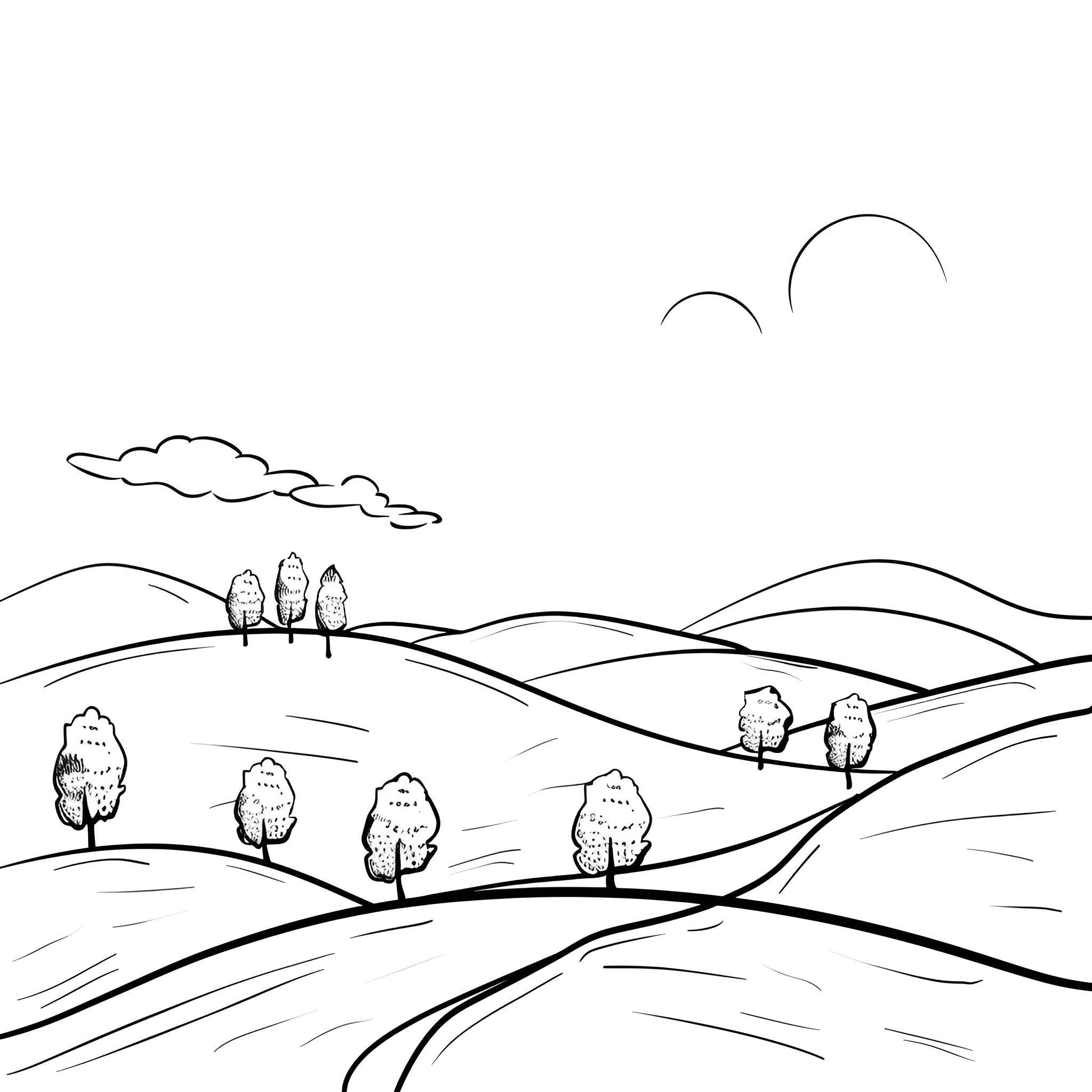 Landscape with rolling hills and trees Drawing Idea (free black-and-white line drawing printable PDF for all, from beginners to advanced learners, including children, teens, adults, and seniors)