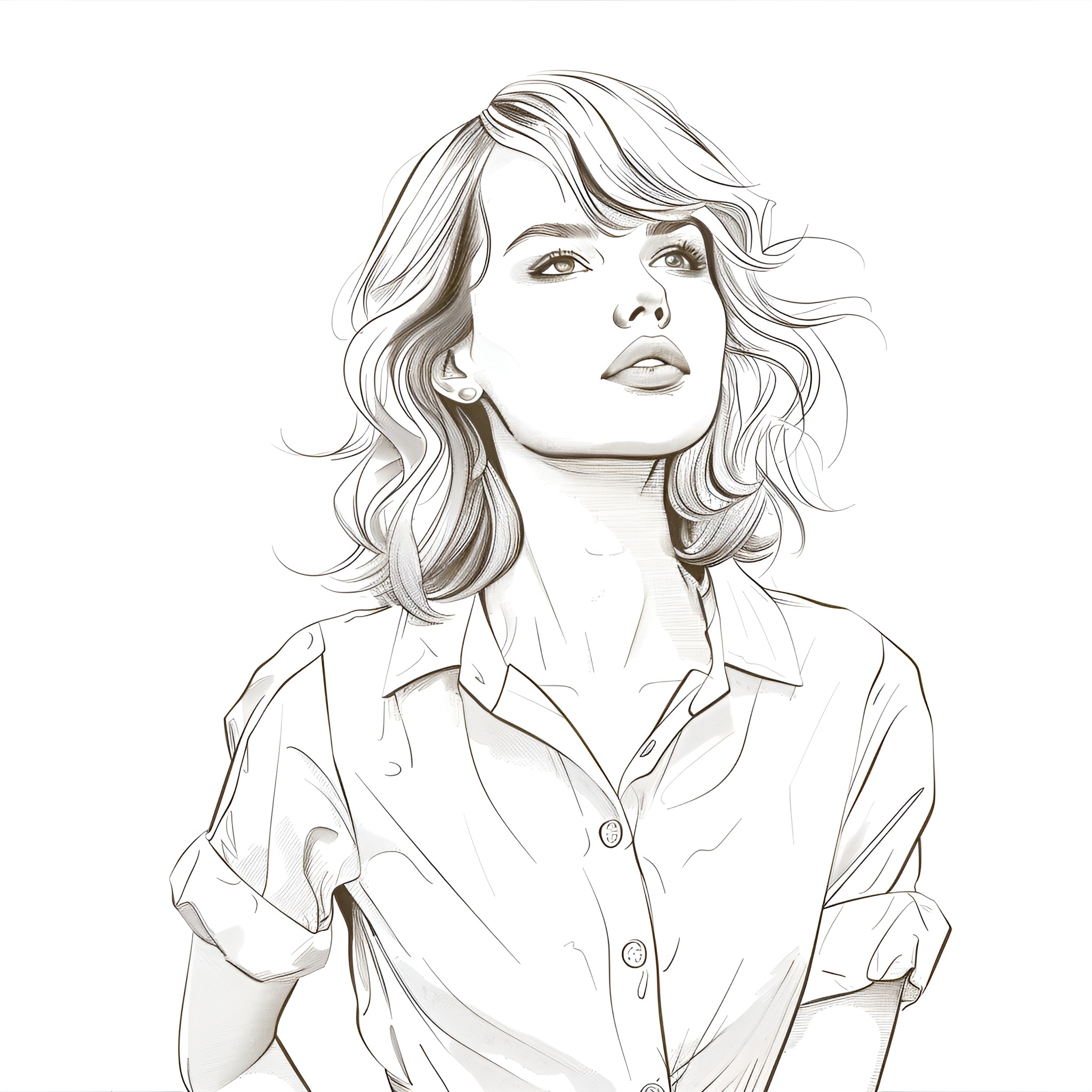 Taylor Swift contemplative portrait Drawing Idea (free black-and-white line drawing printable PDF for all, from beginners to advanced learners, including children, teens, adults, and seniors)