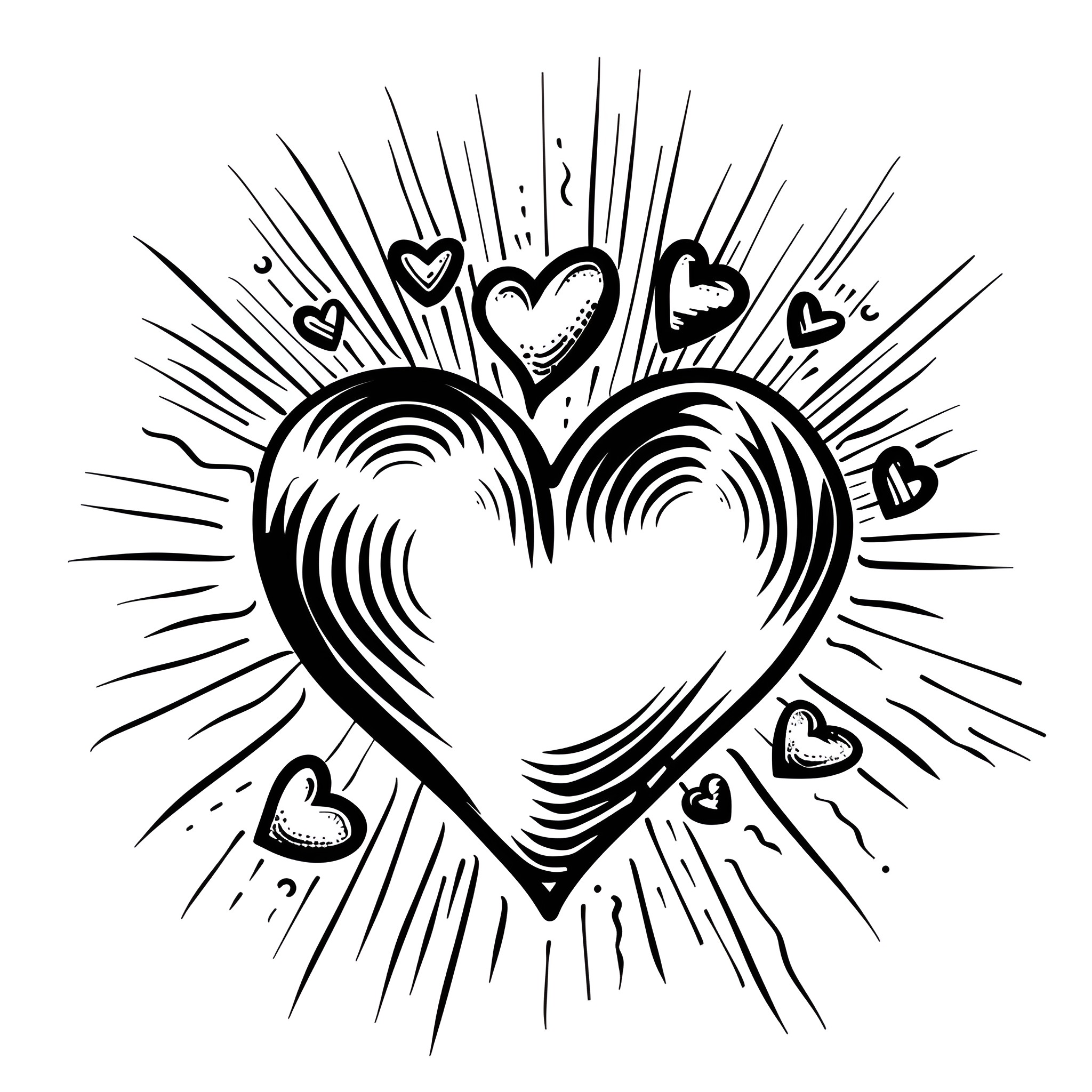 Valentine's Day hearts bursting with love Drawing Idea (free black-and-white line drawing printable PDF for all, from beginners to advanced learners, including children, teens, adults, and seniors)