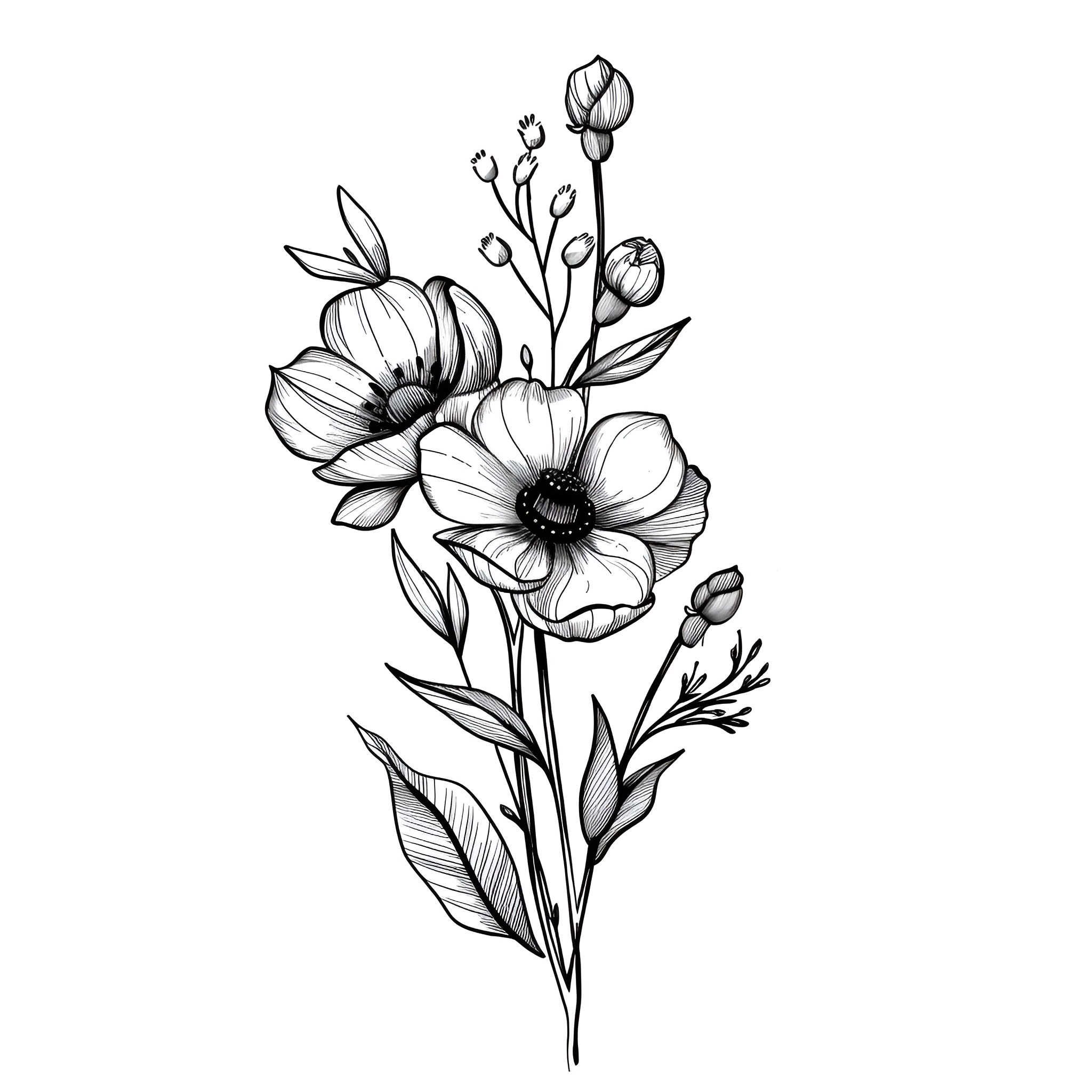 Tattoo Sketch of Floral Arrangement Drawing Idea (free black-and-white line drawing printable PDF for all, from beginners to advanced learners, including children, teens, adults, and seniors)