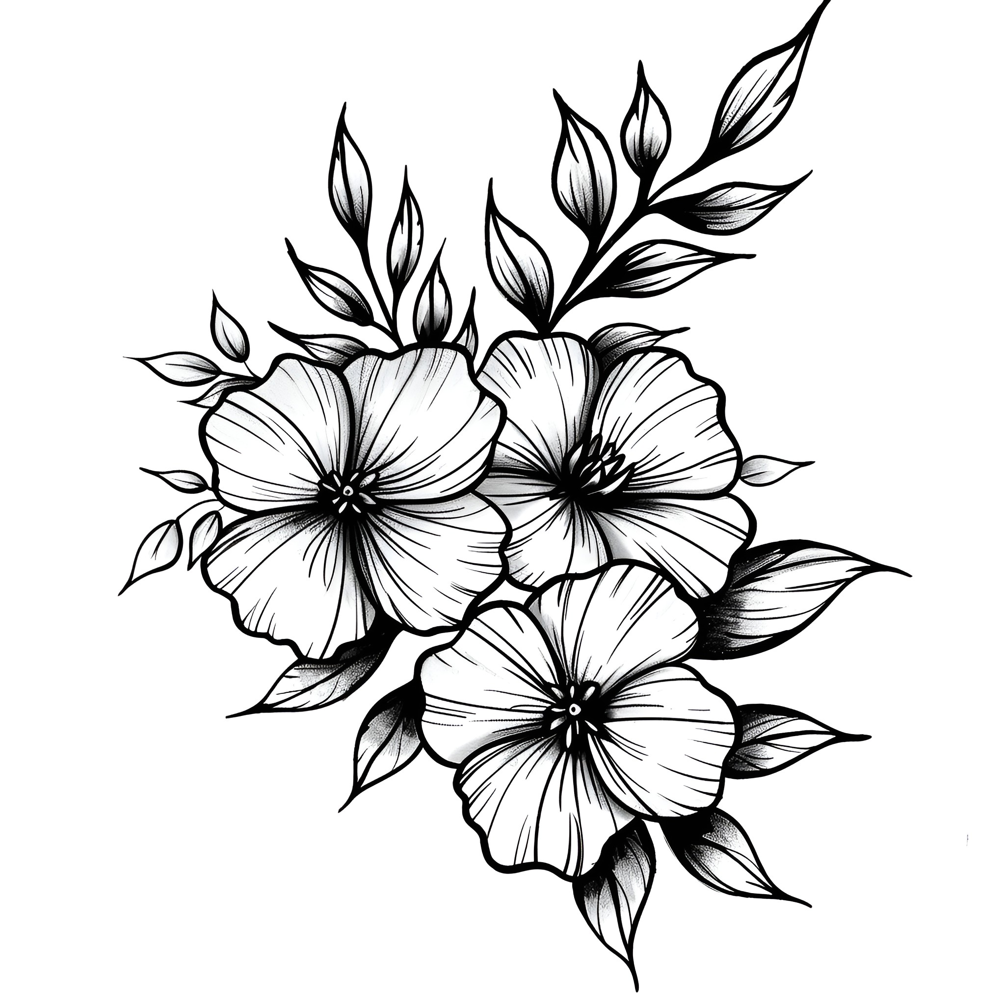 Tattoo Sketch of Floral Arrangement Drawing Idea (free black-and-white line drawing printable PDF for all, from beginners to advanced learners, including children, teens, adults, and seniors)